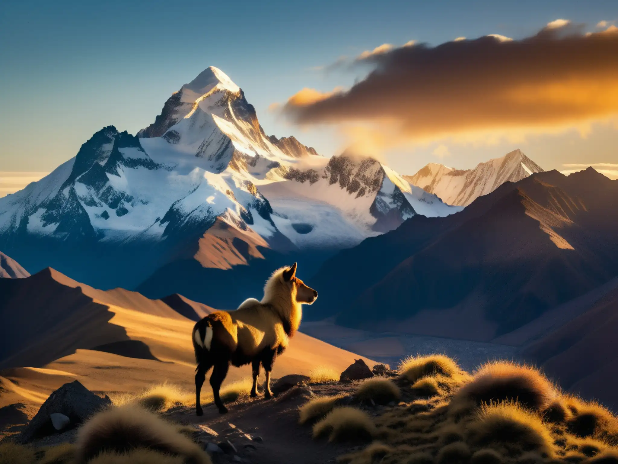 Ucumar, criatura mítica de los Andes, majestuosa silueta dorada en el atardecer montañoso