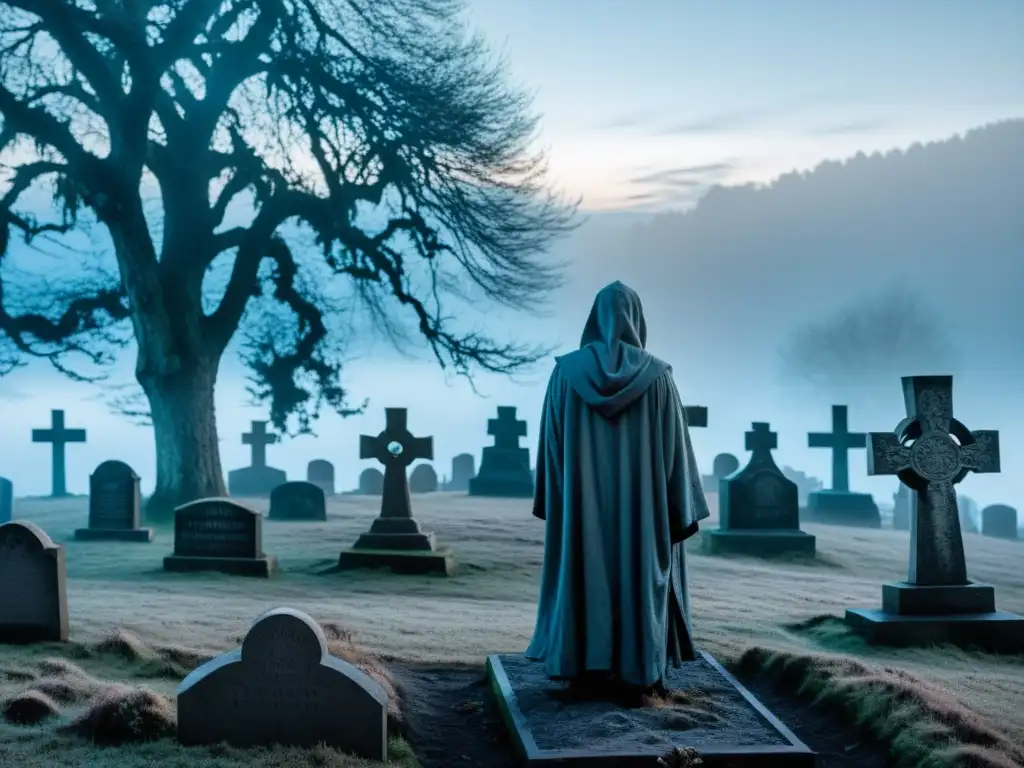 Fantasma en cementerio escandinavo, bajo la luna Draugar mitos leyendas urbanas: Un cementerio brumoso y místico en la Escandinavia rural, con tumbas antiguas inclinadas y árboles retorcidos