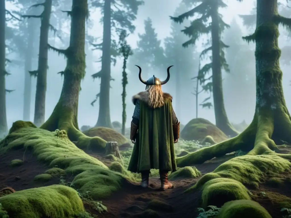 Escena misteriosa de un bosque escandinavo con Draugar Draugar de mitos y leyendas urbanas: tenebrosa figura vikinga entre bosque escandinavo neblinoso y misterioso