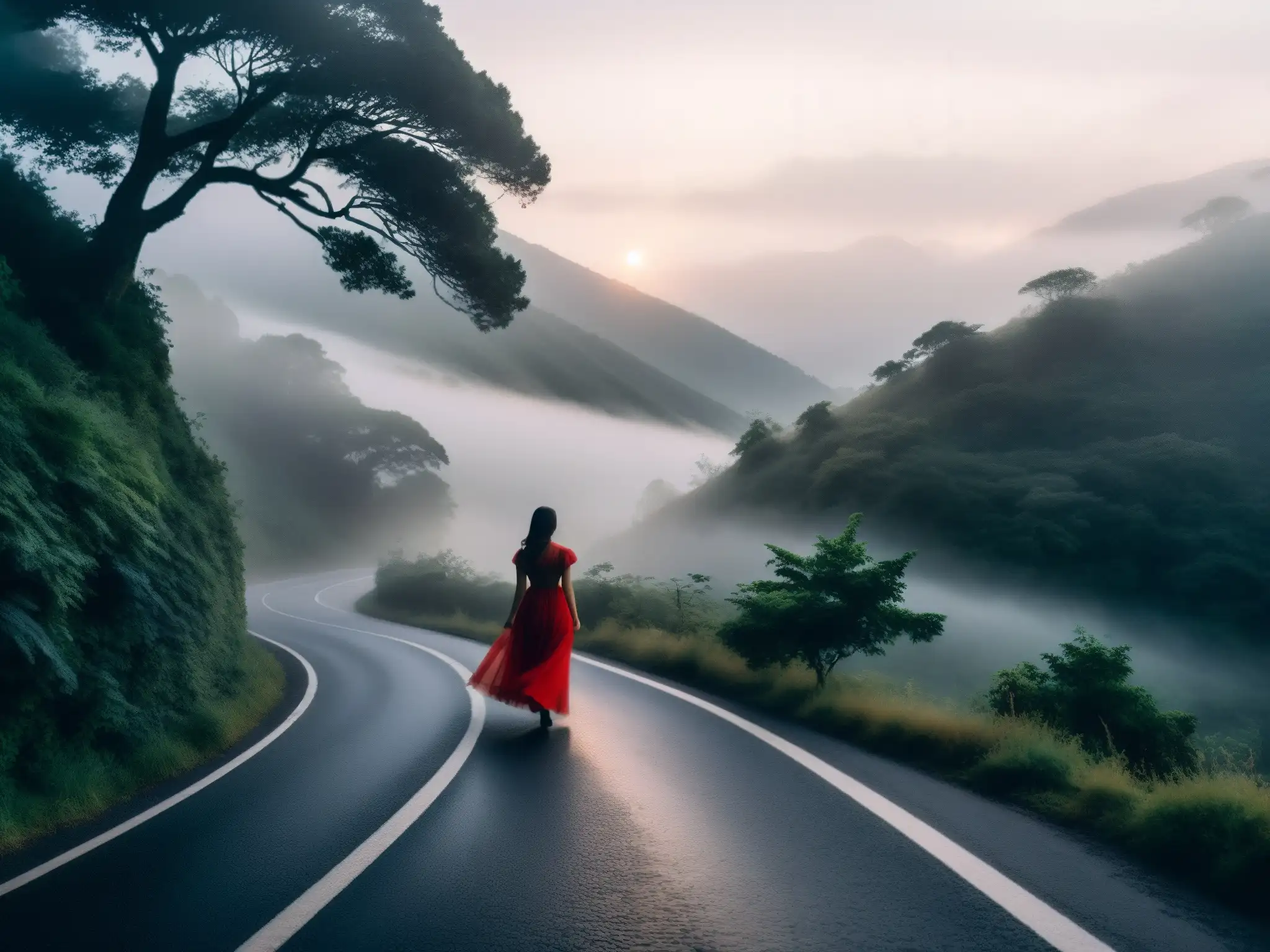 La Misteriosa Mujer de Rojo en Kasara Ghat Mujer en rojo en Kasara Ghat: un camino de montaña serpenteante y neblinoso, iluminado por faros en la penumbra del crepúsculo