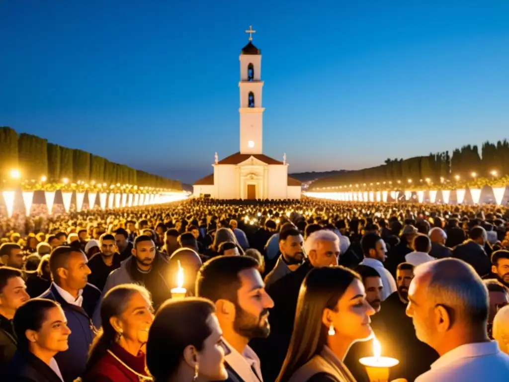 Devoción en Fátima: Mar de velas y plegarias Multitud en la Cova da Iria en Fátima, Portugal, con la Basílica de Nuestra Señora del Rosario al fondo