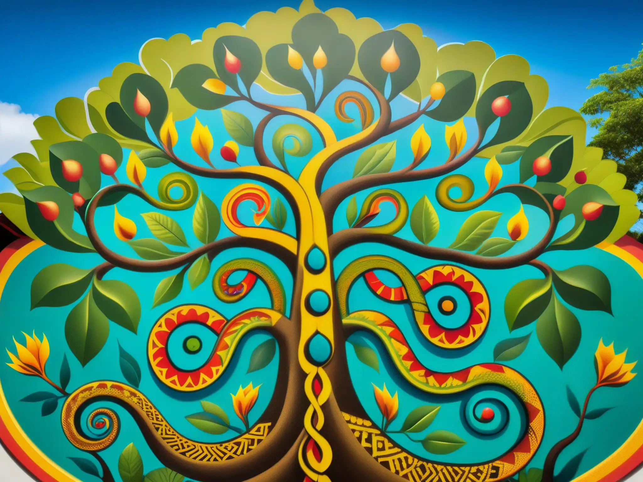 Mural colorido con la creencia mitológica de la serpiente de siete cabezas en la cultura sudamericana