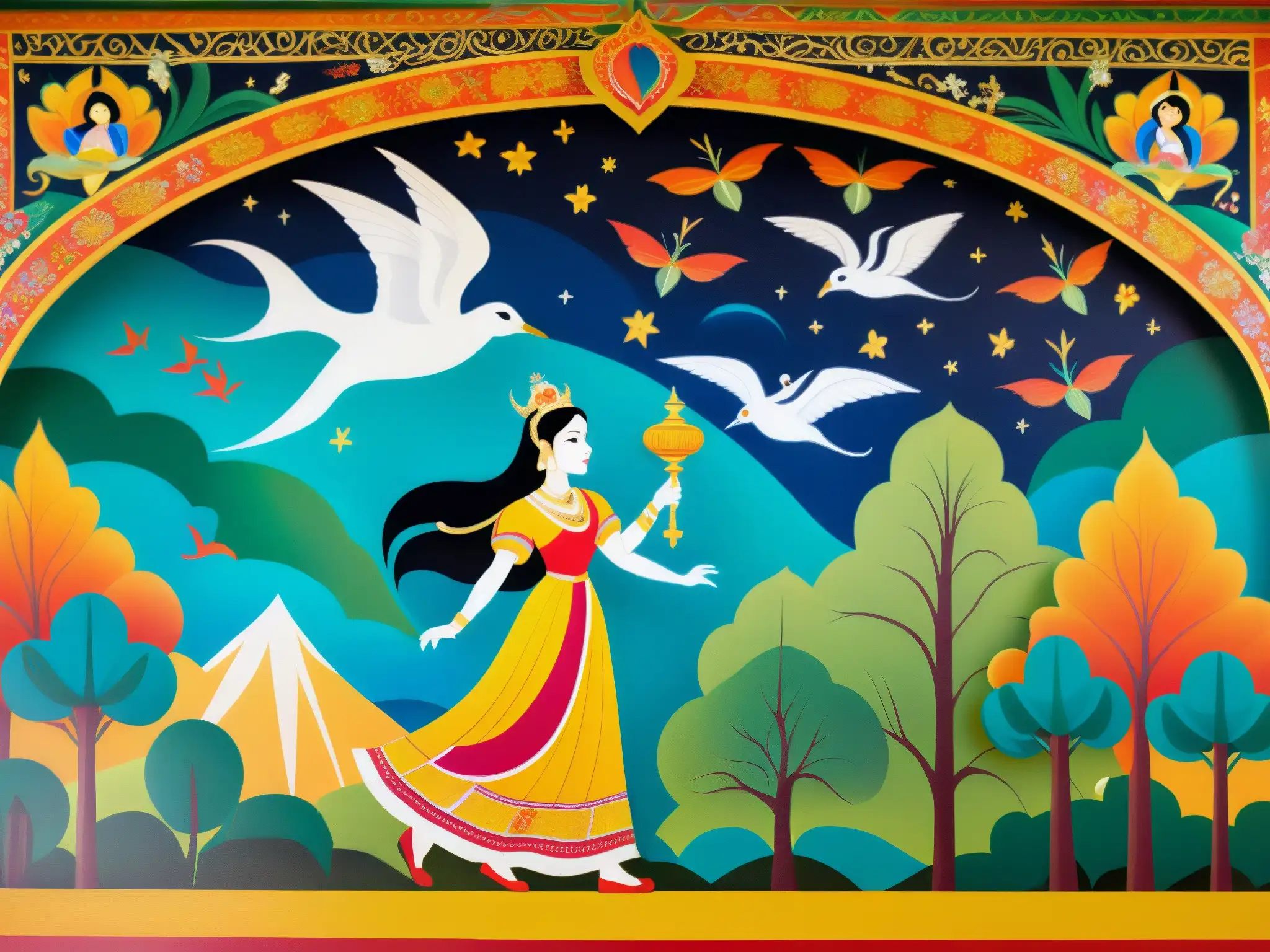 Mural vibrante: La leyenda de Princess Ratnavati Un mural detallado y vibrante representa la leyenda de la Princesa Ratnavati y el espíritu vengativo