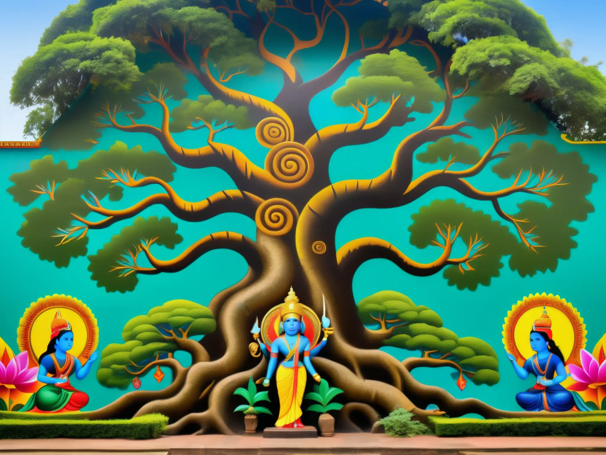 Mural impresionante de Nāga en templo de Asia El mural muestra una escena vibrante de Nāga en un templo de Asia del Sur, evocando el culto a los Nāga y leyendas urbanas