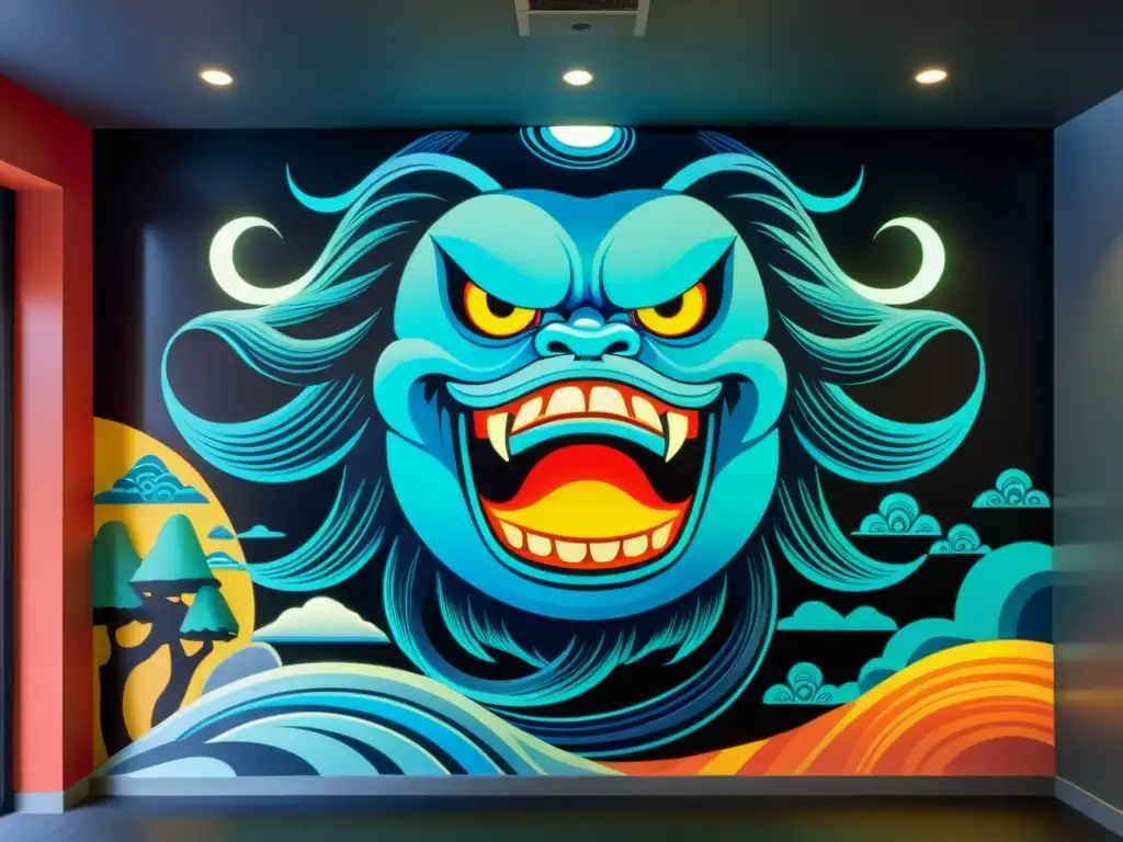 Un mural increíble que fusiona un yokai japonés con tecnología futurista, evocando la transformación digital y las leyendas urbanas de Japón