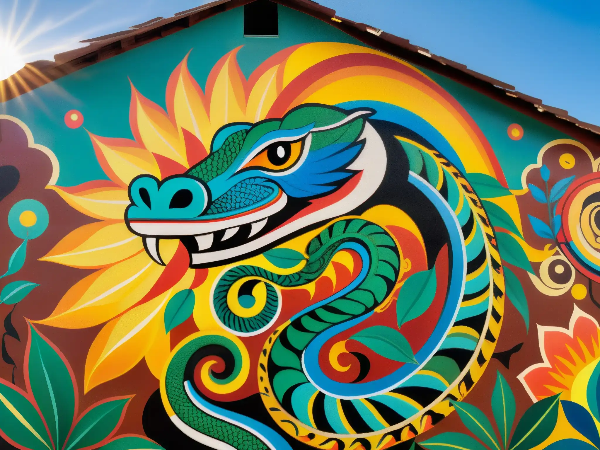Un mural vibrante de una serpiente de siete cabezas con plumas y colores vivos, rodeada de figuras que representan la mitología y cultura sudamericana
