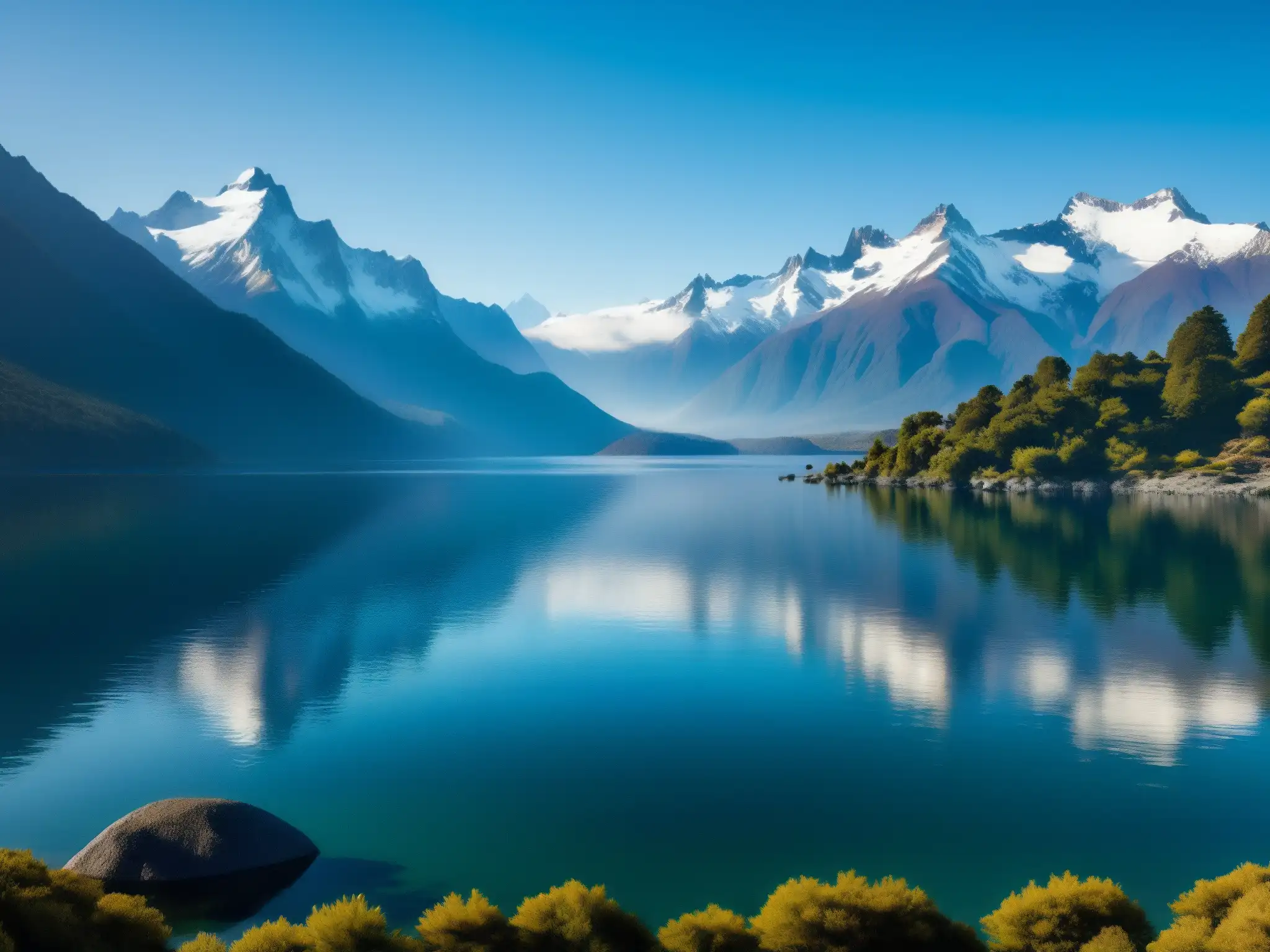 Serena belleza del Lago Nahuel Huapi y los Andes Nahuelito emerge del misterioso lago Nahuel Huapi, con los Andes nevados de fondo y una leve bruma sobre el agua