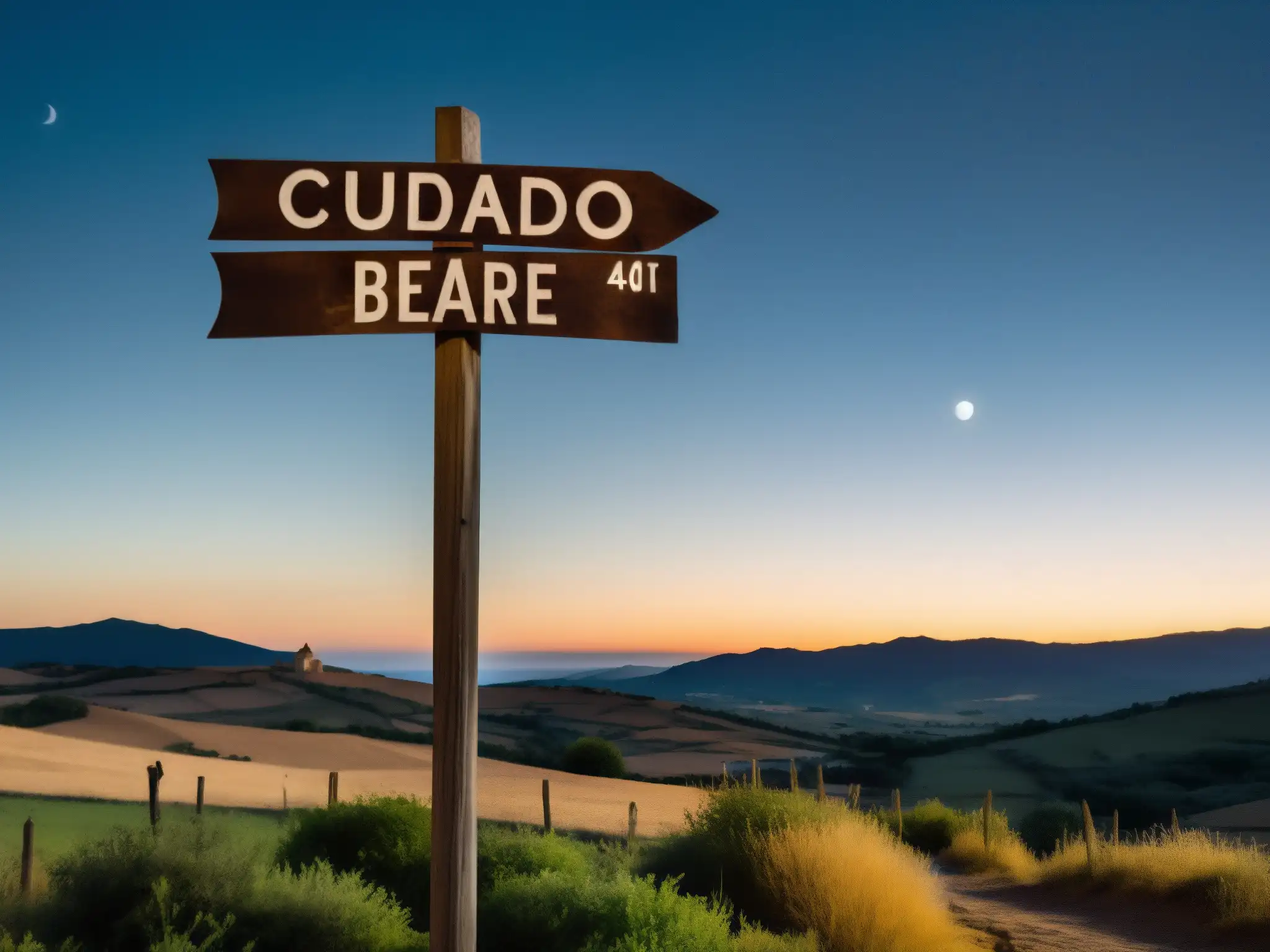Misterio Nocturno: Campo Español con Letrero 'CUIDADO' Una noche misteriosa en el campo español con un cartel de madera que dice 'CUIDADO' y evoca el origen y avistamientos del Chupacabra