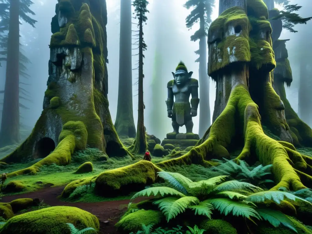 Imagen asombrosa: bosque antiguo y estatuas de trolls en la niebla Origen y maldición de los trolls: imagen de bosque neblinoso en montañas del norte con estatuas de trolls entre árboles