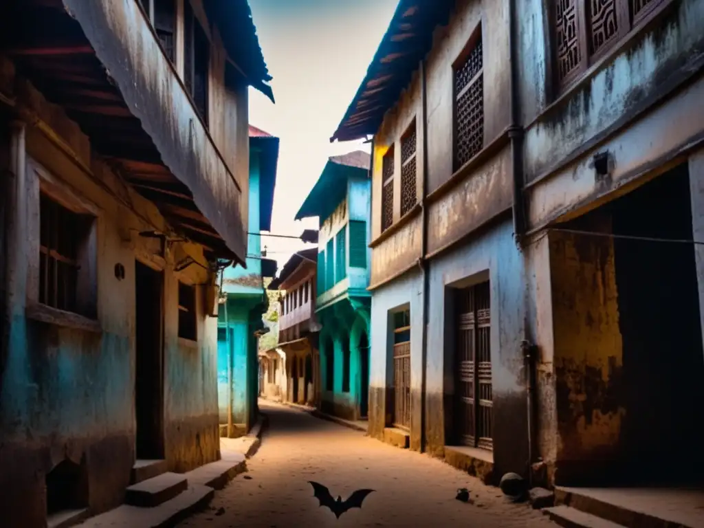 Alleyway de Zanzíbar: Bat ominoso en la noche En la oscura y misteriosa callejuela de Zanzíbar, un gran murciélago planea ominosamente