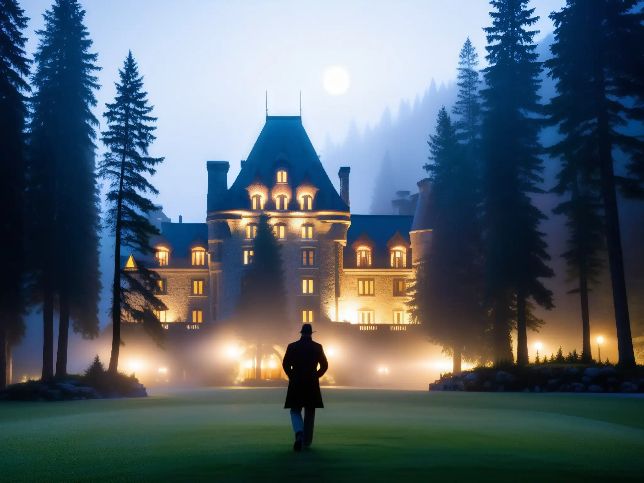 Noche misteriosa en Fairmont Banff Springs: sombras y secretos En la oscura noche brumosa, una presencia escalofriante se alza en el Hotel Fairmont Banff, rodeada de misterio y secretos antiguos