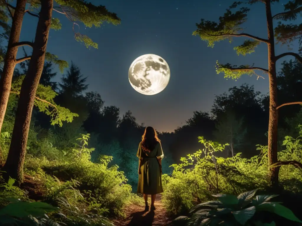 Bosque nocturno: misteriosa presencia bajo la luna llena En la oscura noche del bosque, la luna llena ilumina un paisaje misterioso con ojos brillantes en la distancia