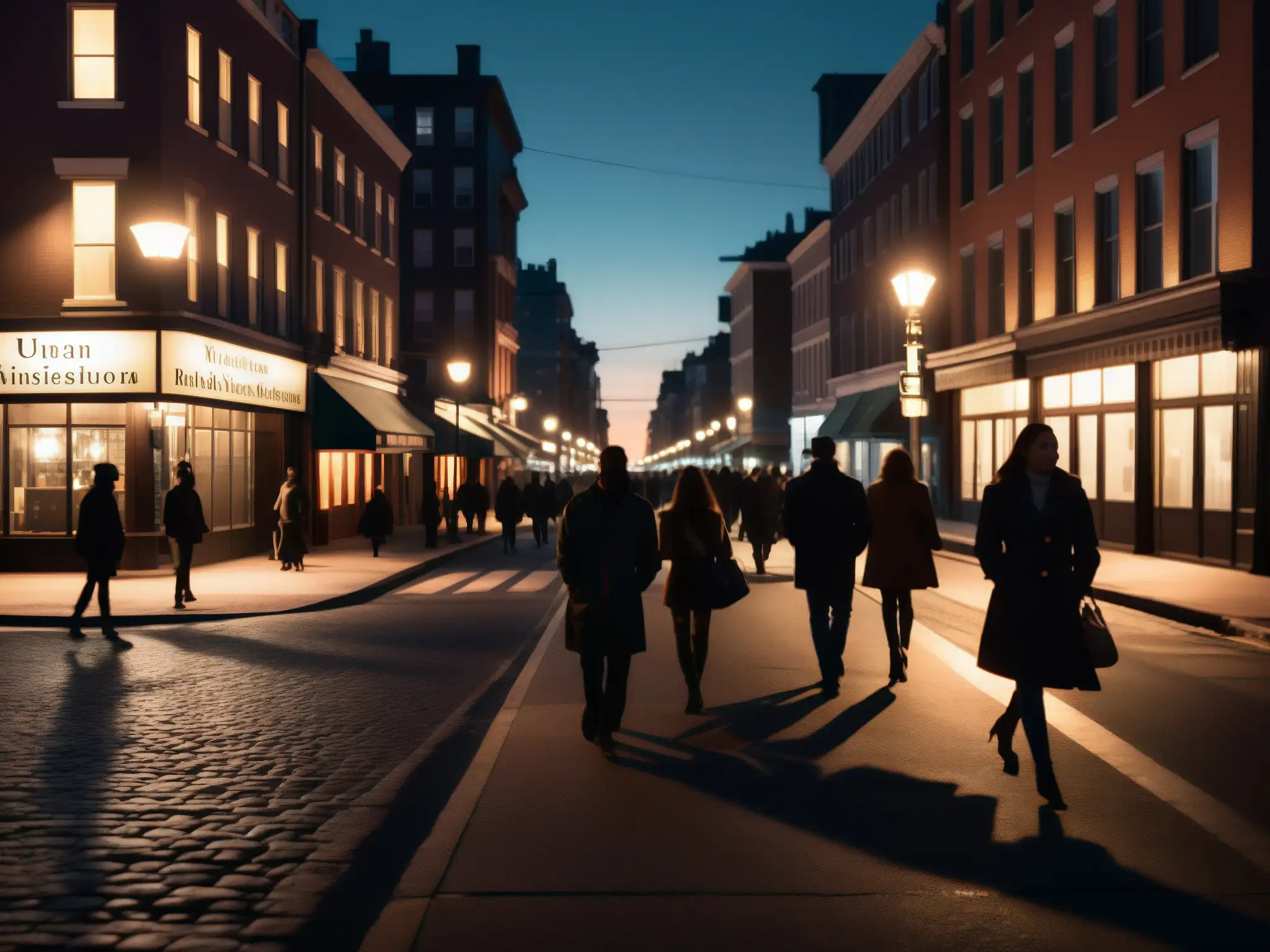 Un oscuro callejón de la ciudad de noche, con sombras y siluetas de personas caminando