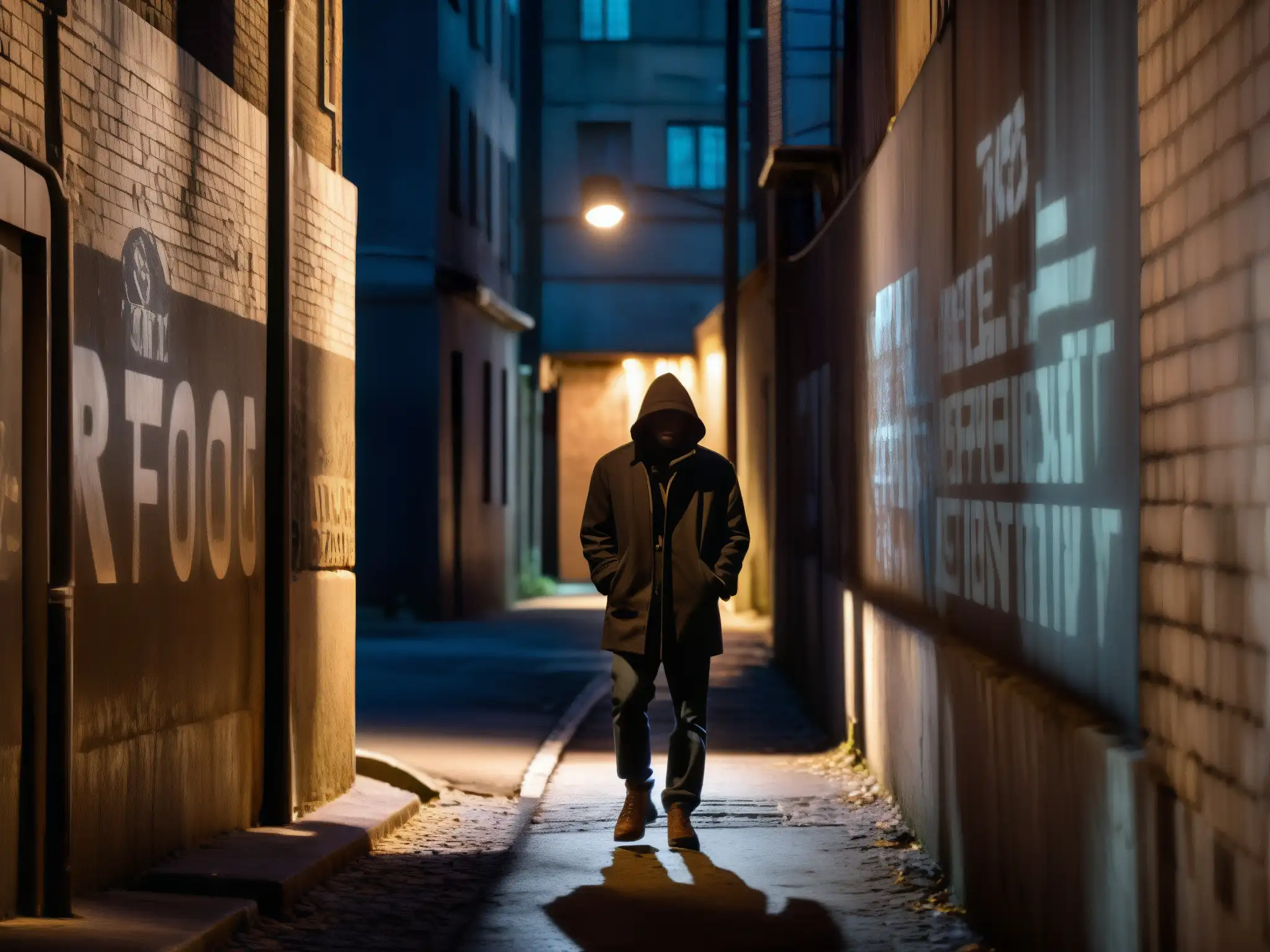 Un oscuro callejón nocturno iluminado por una solitaria farola parpadeante, con una figura misteriosa acechando en la distancia y paredes cubiertas de graffiti que crean una atmósfera misteriosa y escalofriante