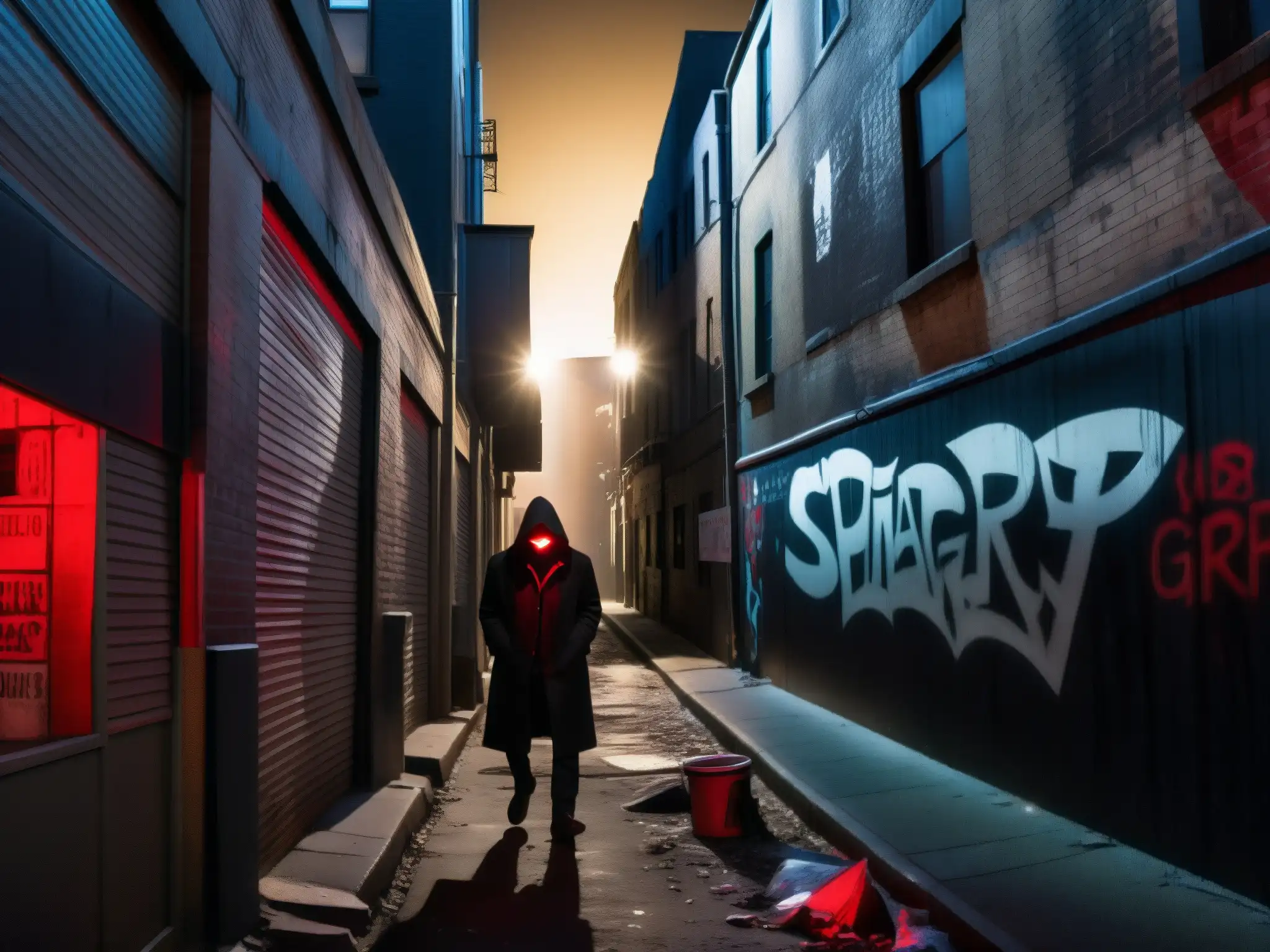 Noche oscura: vampiro urbano acechando Un oscuro callejón urbano iluminado por una farola