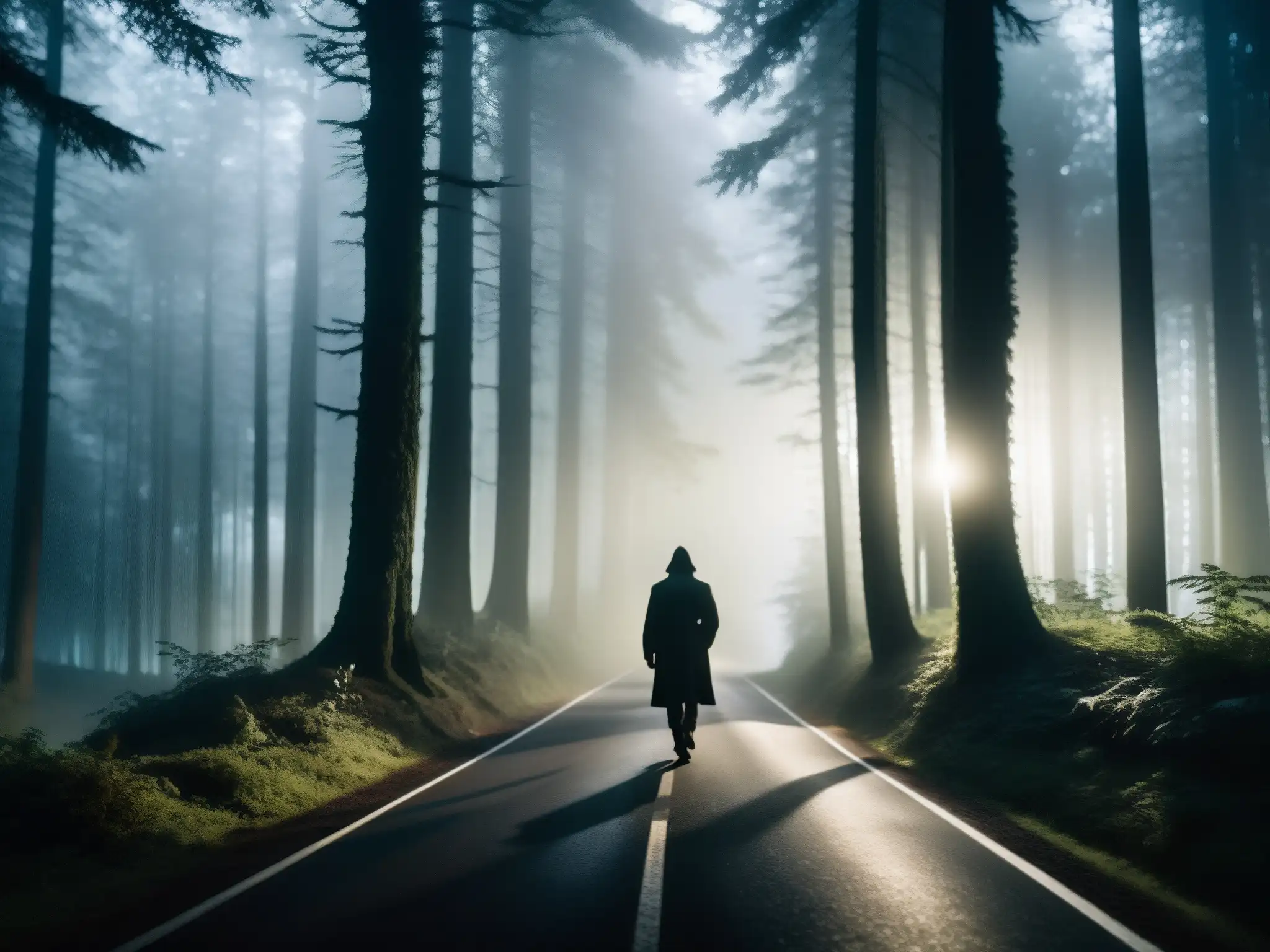 Un oscuro camino entre la niebla y el bosque, con la silueta de una misteriosa figura