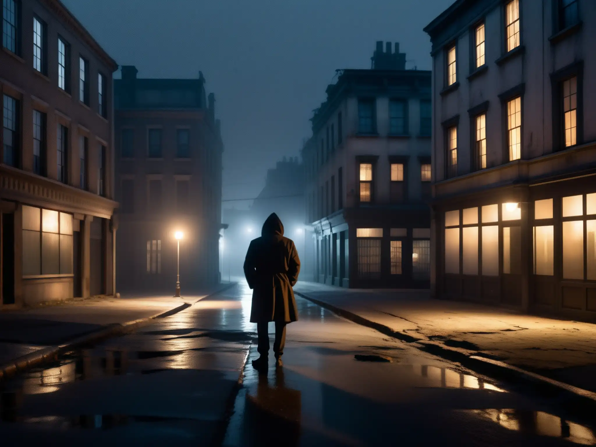 Misteriosa figura en la neblina: calle abandonada de noche Un oscuro y desolado callejón de noche, con una luz de calle parpadeante que proyecta sombras inquietantes en el pavimento agrietado
