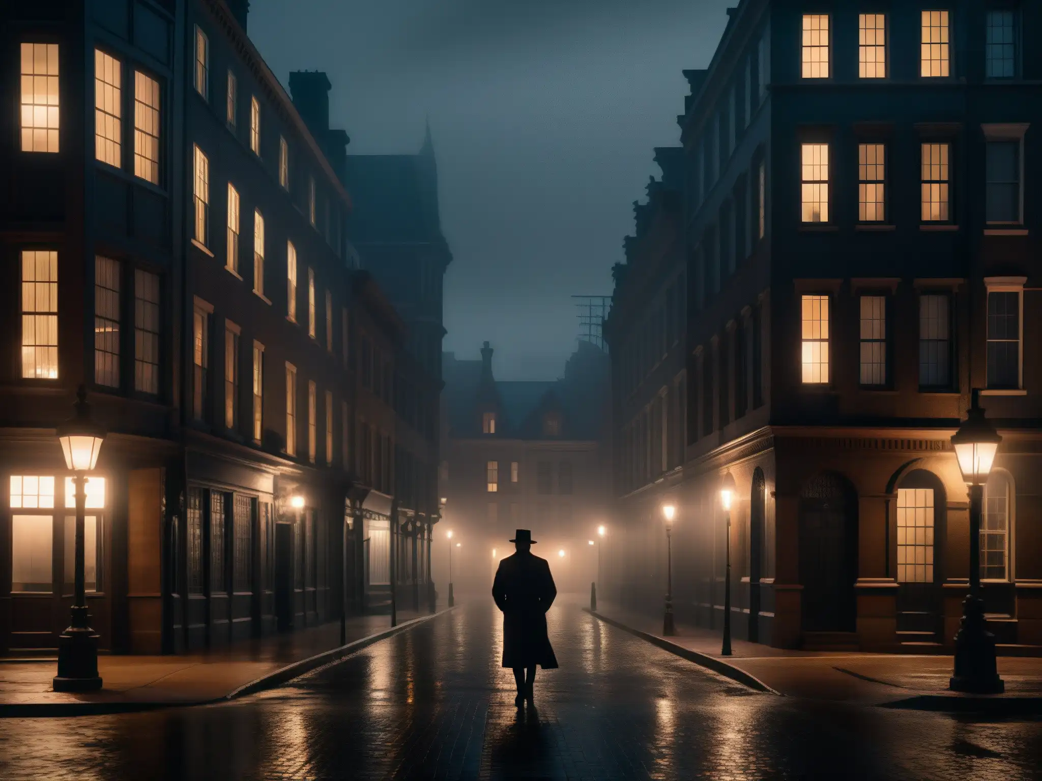 Un oscuro y misterioso callejón nocturno en la ciudad, con una figura solitaria caminando a lo lejos
