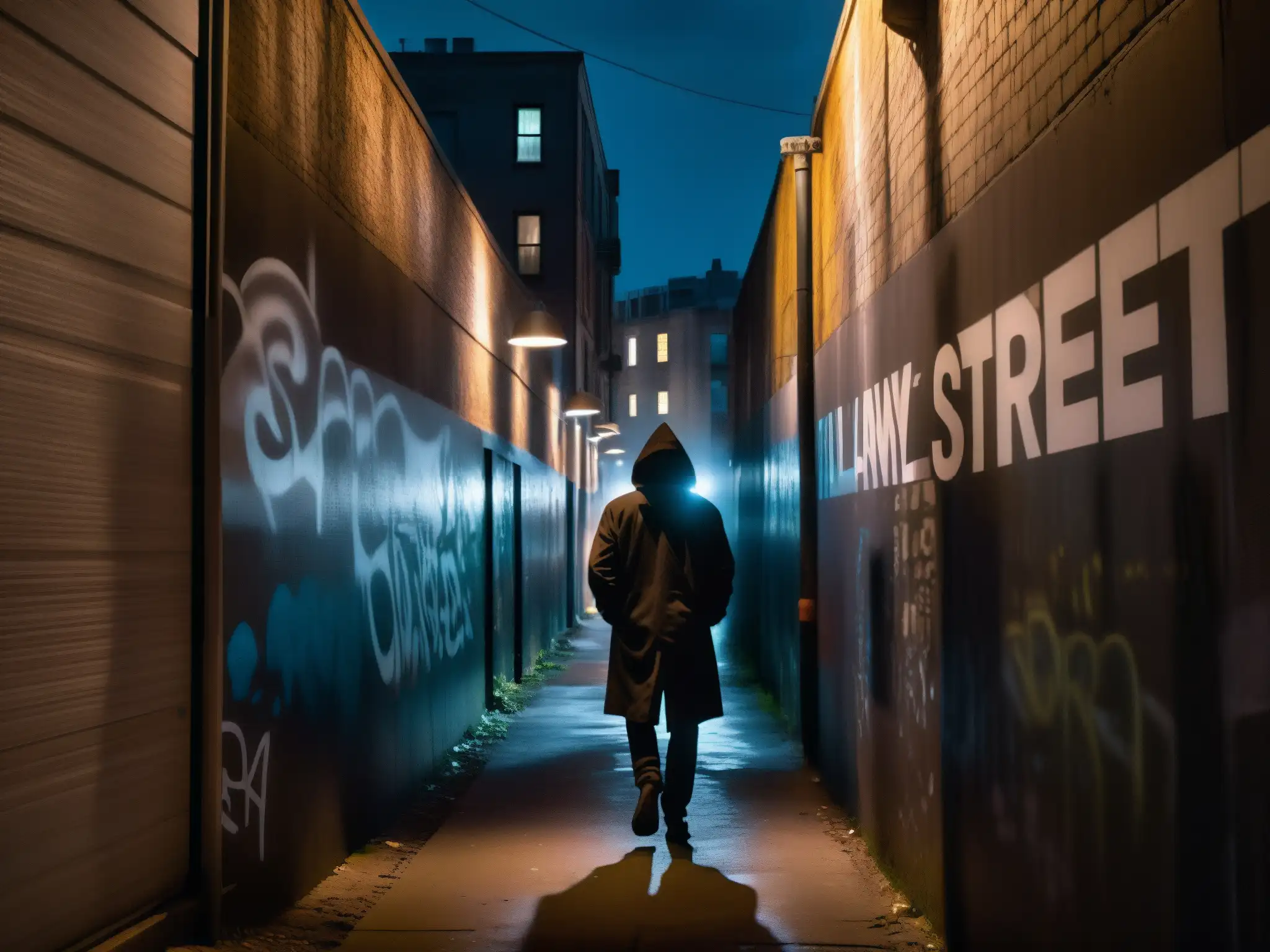 Un oscuro y misterioso callejón urbano, iluminado por una única farola, crea un ambiente inquietante con sombras alargadas