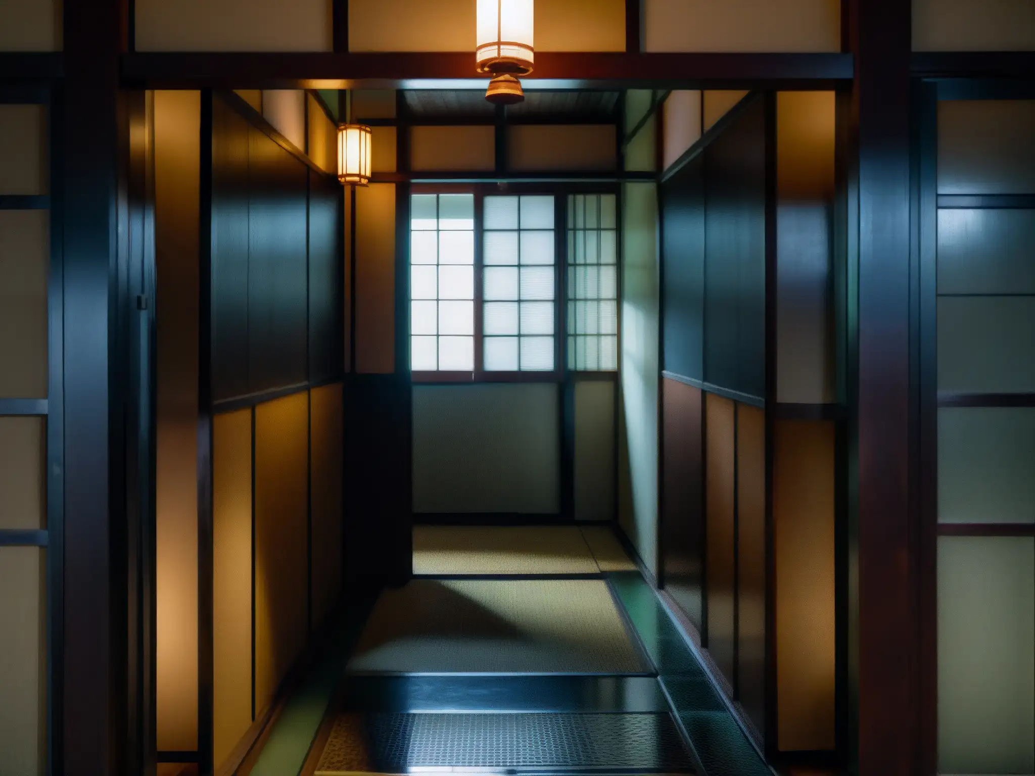 El Misterio de Hanakosan: Pasillo y Baño Japonés En el oscuro pasillo de una antigua escuela japonesa, una puerta entreabierta lleva a un baño misterioso
