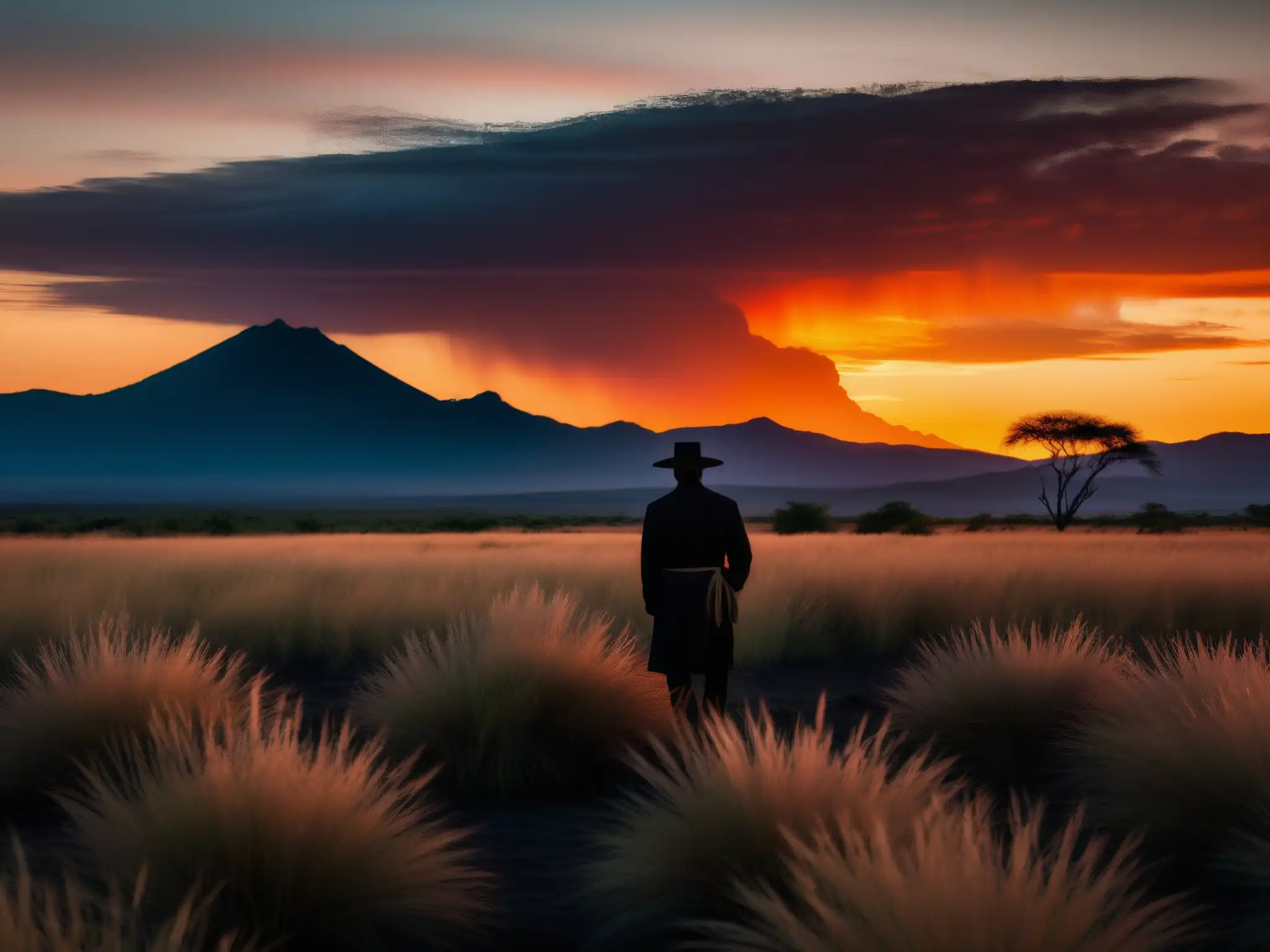 Figura solitaria en los llanos de Venezuela al atardecer Un paisaje inmenso de los llanos de Venezuela al atardecer, con la silueta de una figura solitaria entre la hierba alta