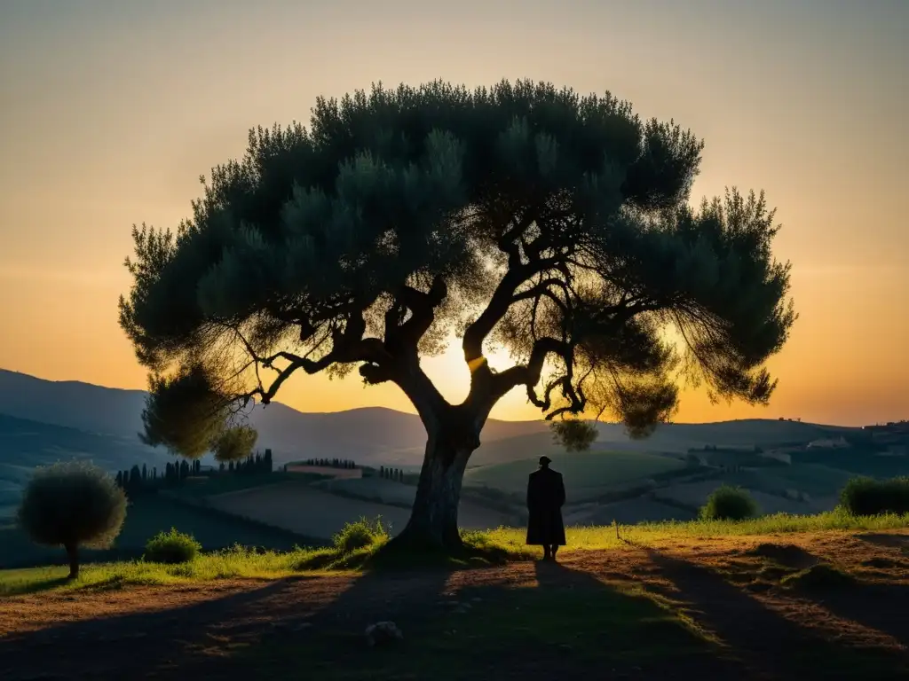Misteriosa figura bajo olivo al atardecer en Italia Un paisaje italiano misterioso al anochecer, con una figura sombría bajo un olivo retorcido, evocando el mito de L'Uomo Nero