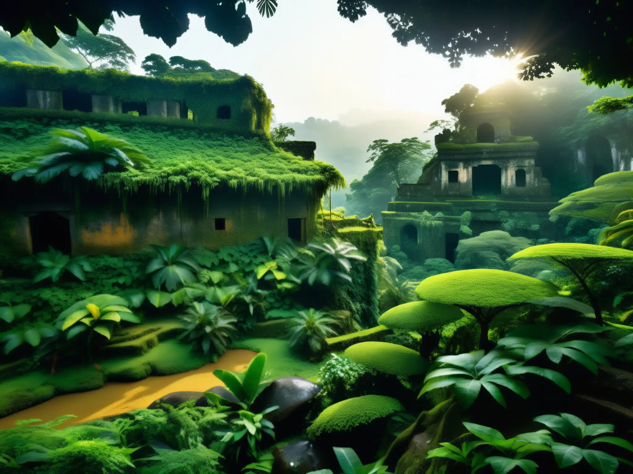 Misteriosa selva cubierta de niebla con ruinas antiguas Un paisaje de jungla densa y misteriosa, con ruinas antiguas apenas visibles entre la neblina