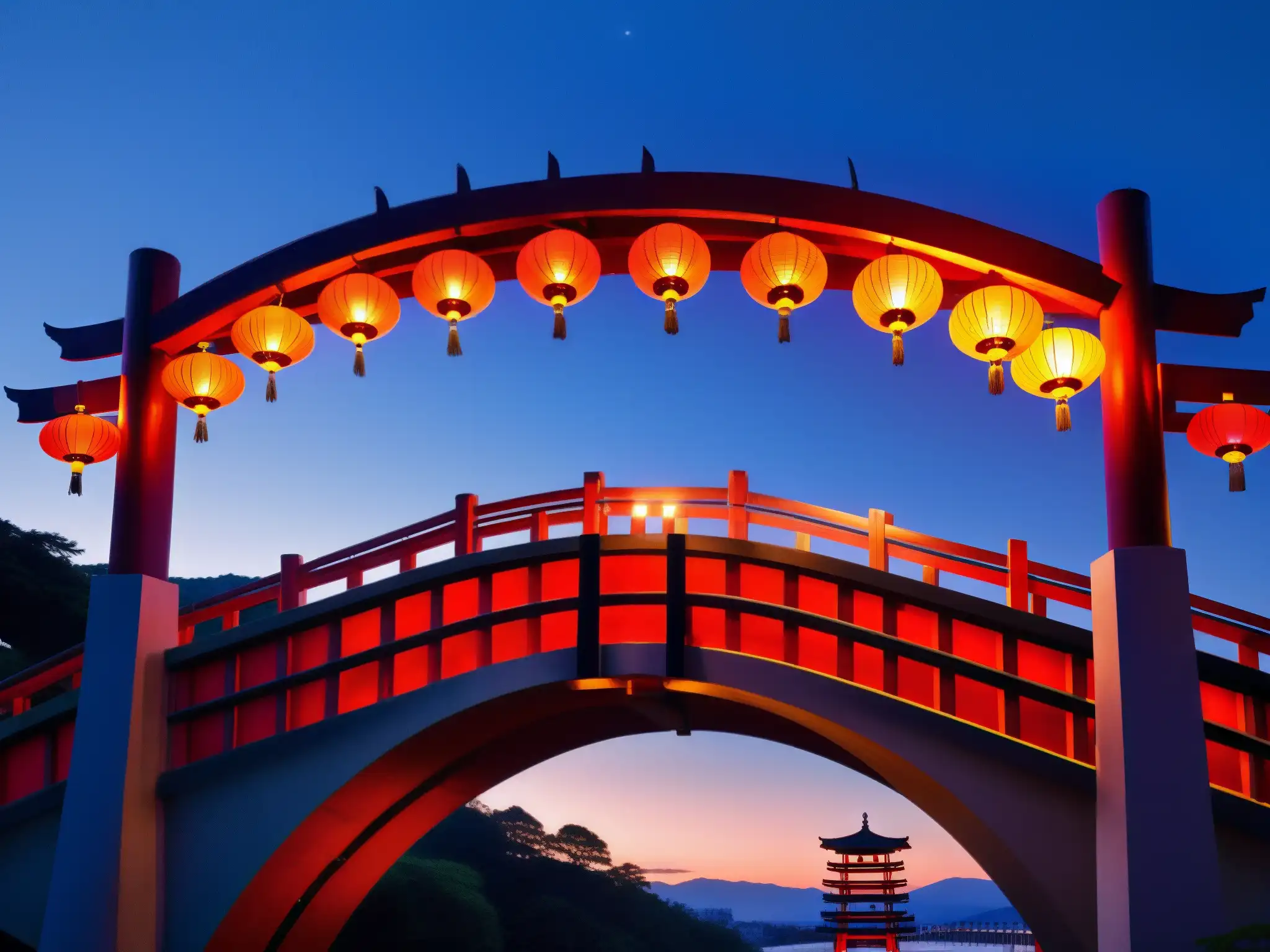 Anochecer en Puente Inari: misticismo japonés Un paisaje místico al atardecer, Puente Inari resplandece con linternas rojas, reflejos en el agua