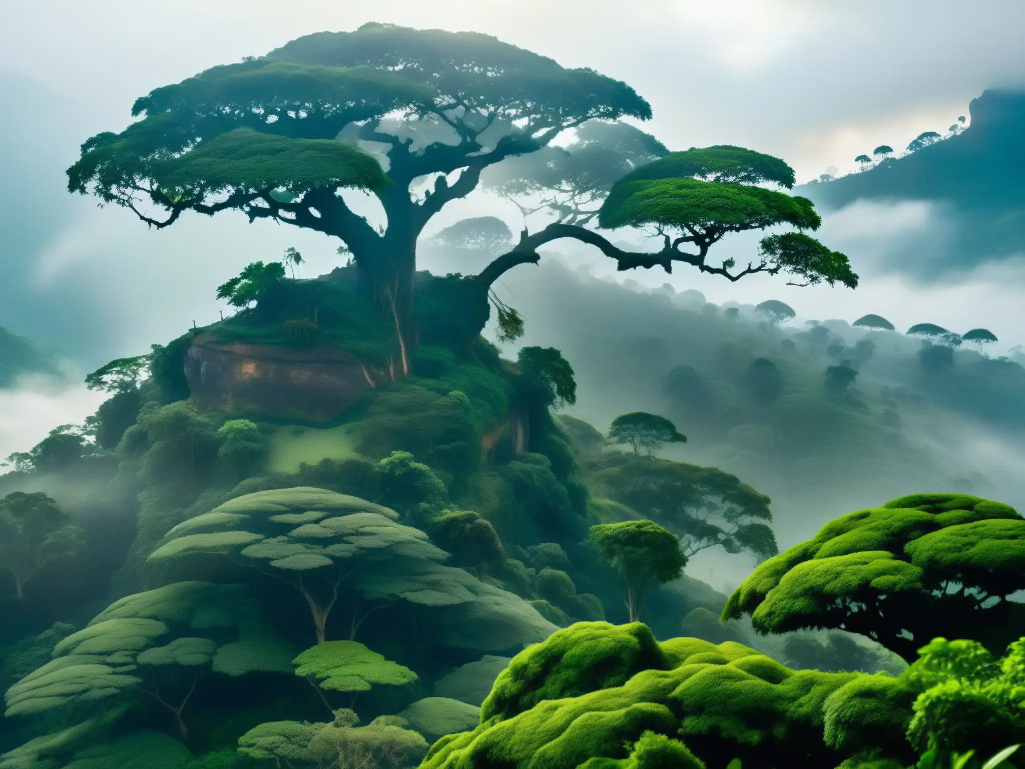 Un paisaje montañoso místico y exuberante en Sri Lanka, con la silueta de un gigantesco y antiguo árbol en primer plano