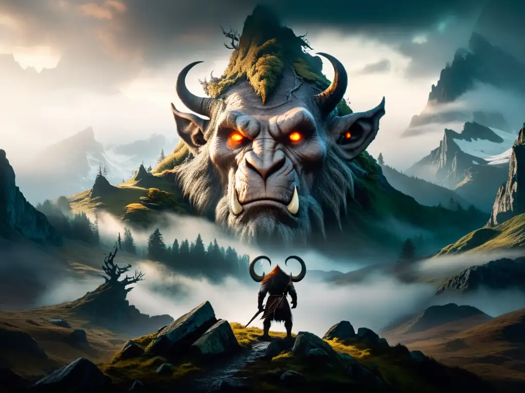 El poderío mítico del troll nórdico Un paisaje nórdico misterioso con un imponente troll de ojos brillantes y cuernos retorcidos