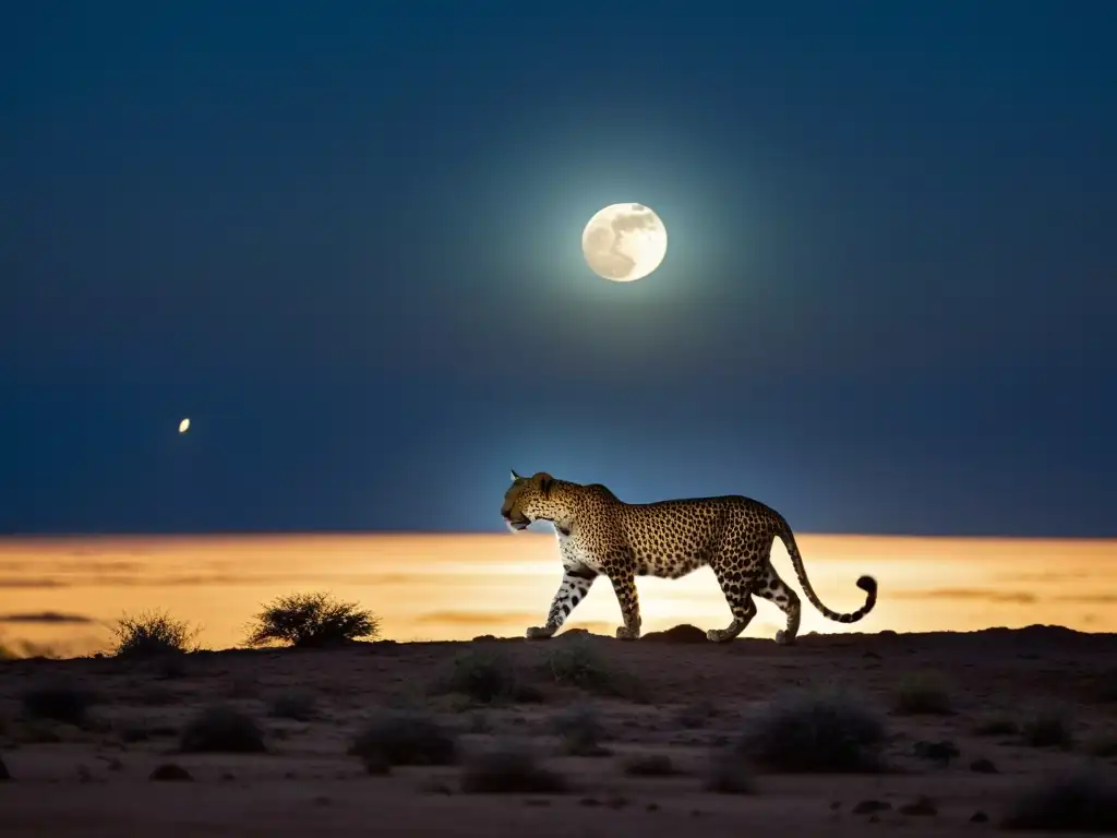 Hombre Leopardo: El misterio de la noche somalí Un paisaje somalí iluminado por la luna, donde la silueta de un leopardo se funde con las sombras