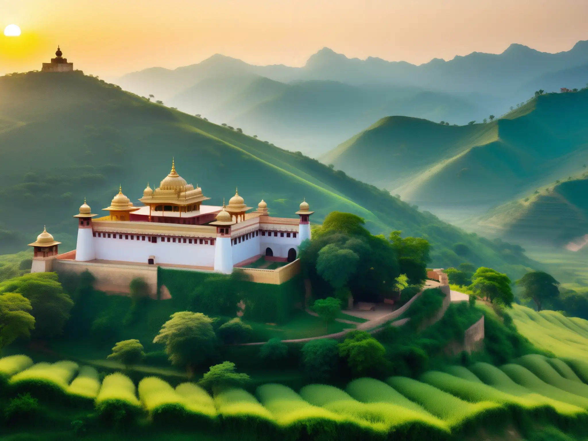 Palacio antiguo en valle remoto: leyenda de Princess Ratnavati Palacio antiguo en valle remoto de la India con murales de Princesa Ratnavati, en cálida luz del atardecer