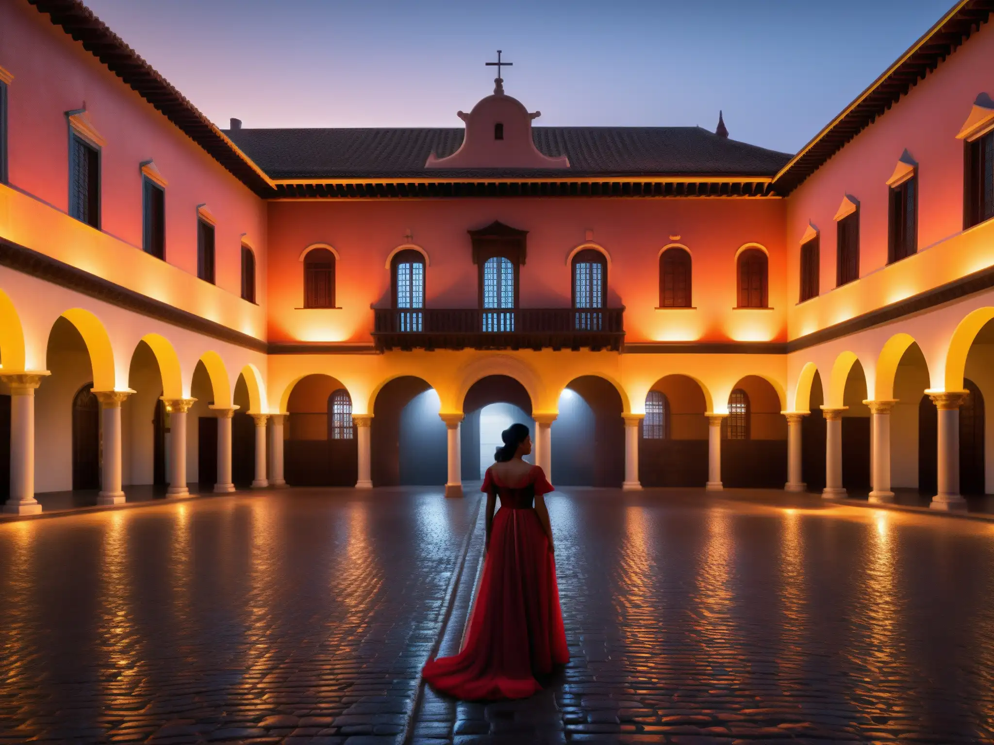 Palacio de San Francisco: Noche misteriosa con mujer de rojo Palacio San Francisco de noche, con una misteriosa niebla y la presencia de la Dama de rojo, creando un aura sobrenatural