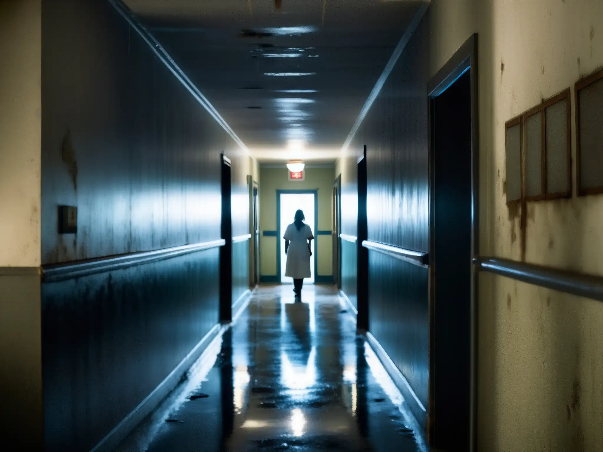 Hallway misterioso de hospital abandonado con figura misteriosa Un pasillo abandonado de hospital con una enfermera misteriosa
