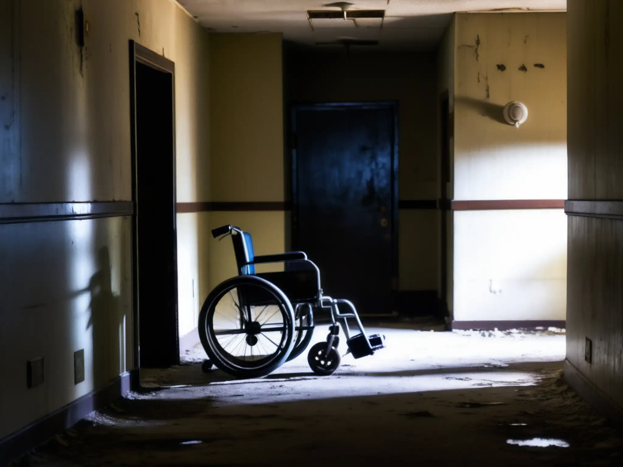 Un pasillo abandonado en el hospital Topeka evoca mitos y leyendas urbanas con su atmósfera misteriosa y desolada