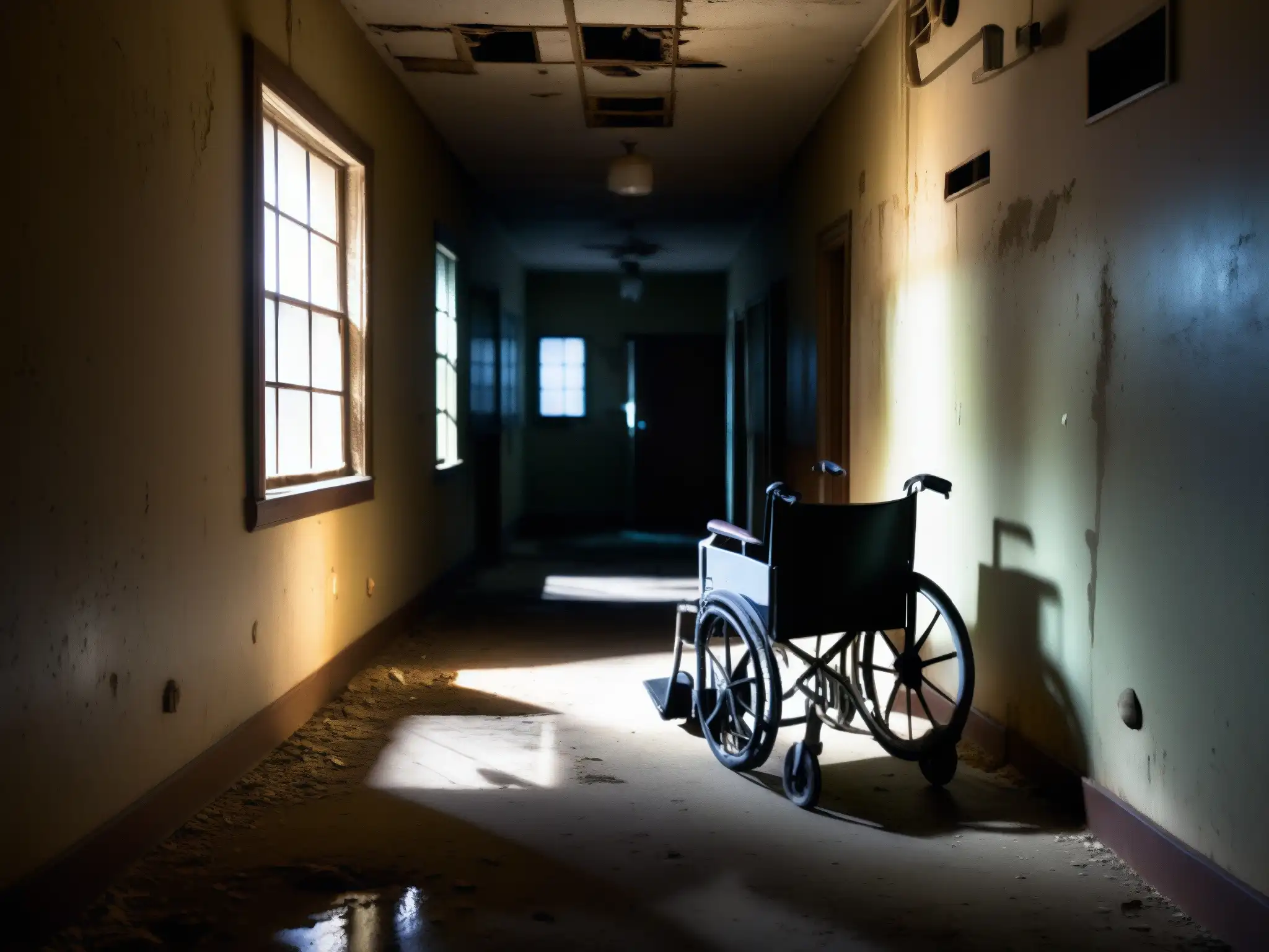 Un pasillo lúgubre en el abandonado hospital Topeka, con pintura descascarada y equipo médico disperso