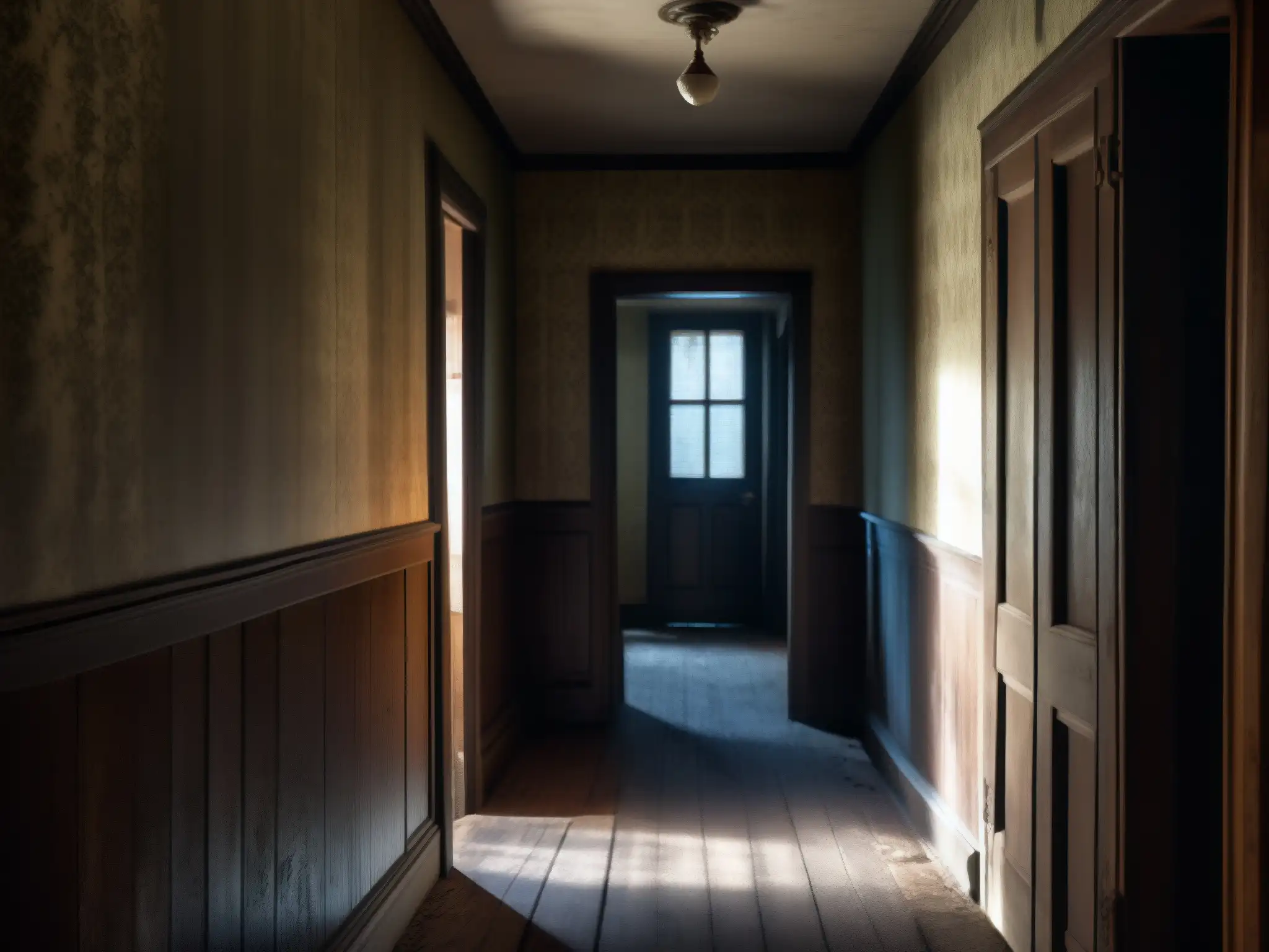 Corredor tenebroso en casa abandonada con figura misteriosa Un pasillo lúgubre en una casa abandonada con papel tapiz desgastado y suelo crujiente