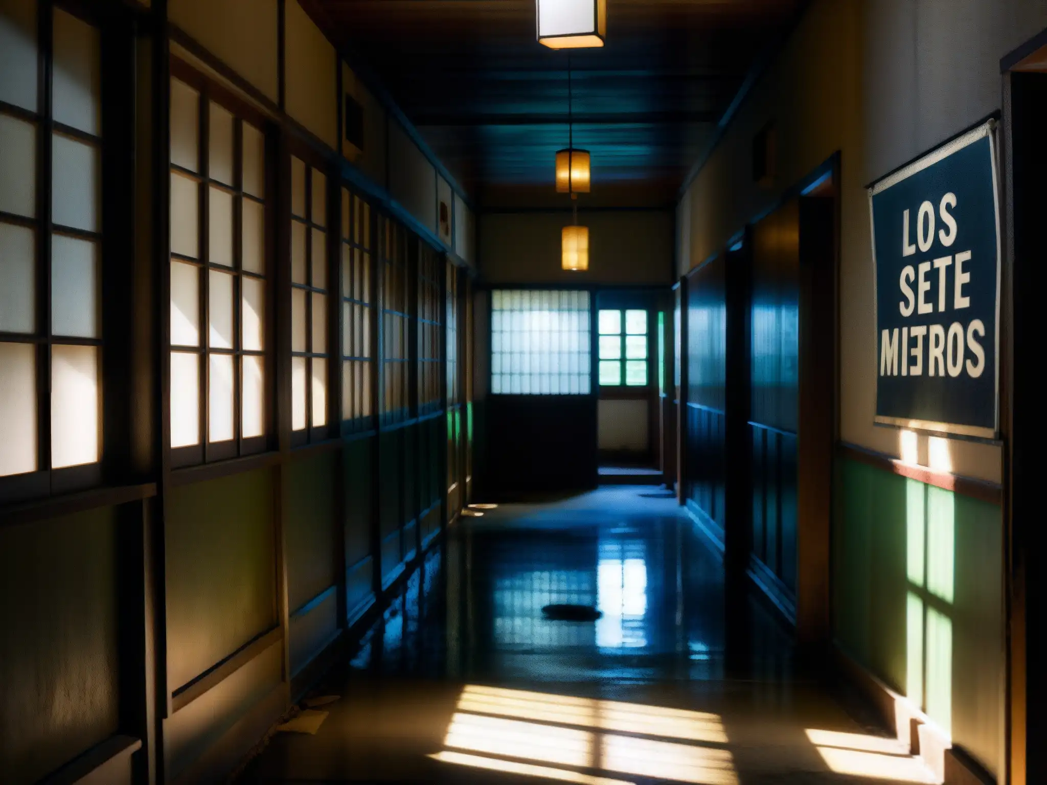 Los Siete Misterios: Misterio y tensión en un pasillo japonés Un pasillo oscuro y misterioso en una antigua escuela japonesa con la luz titilante y un cartel de 'Los Siete Misterios' apenas visible