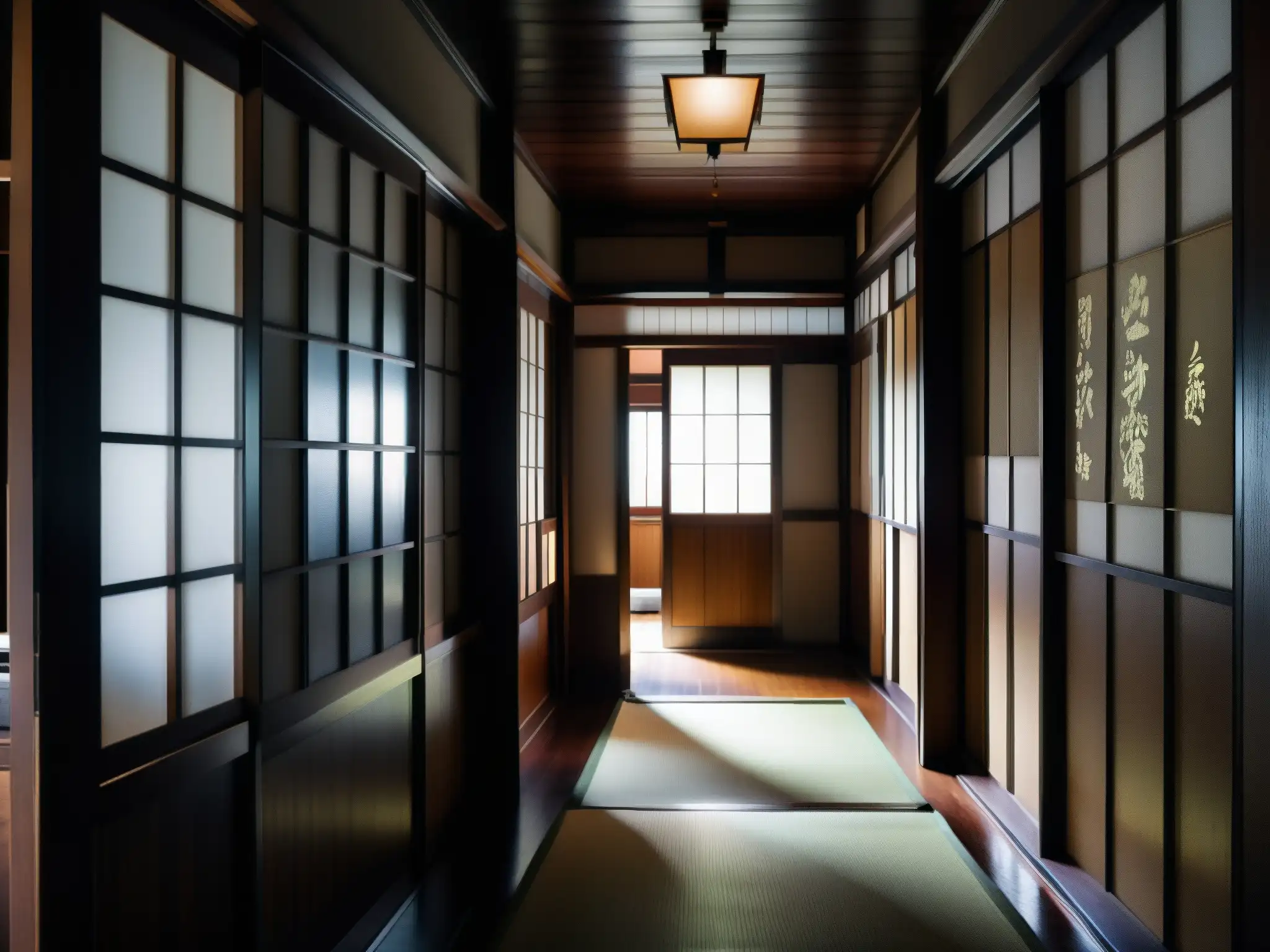 Pasillo misterioso en escuela japonesa: sombras inquietantes Un pasillo oscuro y misterioso de una escuela japonesa, con luces parpadeantes y sombras alargadas