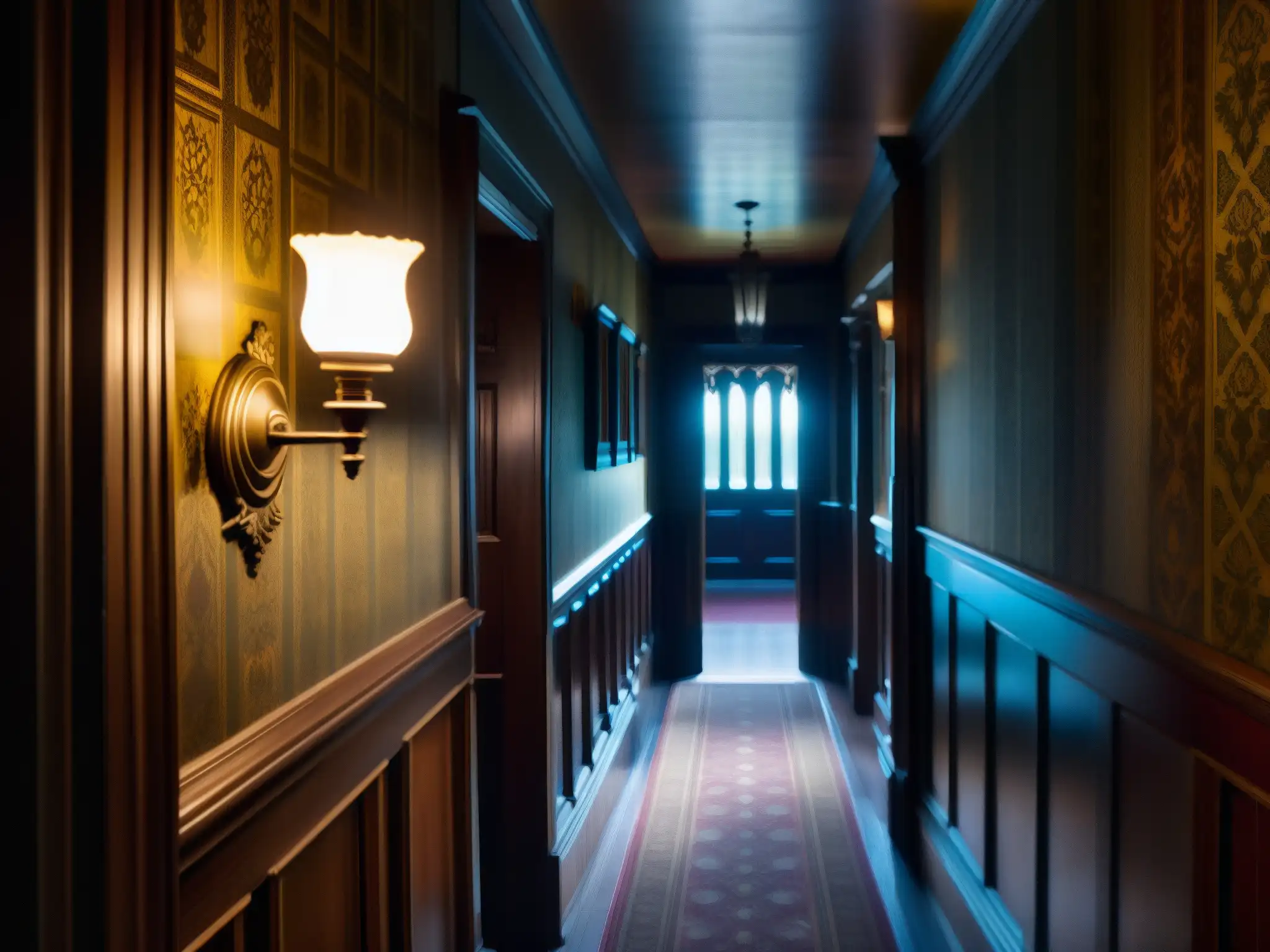 Misterioso pasillo en la Casa Winchester: Una escena espeluznante de la mansión embrujada Un pasillo oscuro de la Mansión Winchester, con muebles antiguos y una vela titilante, evocando mitos y leyendas urbanas