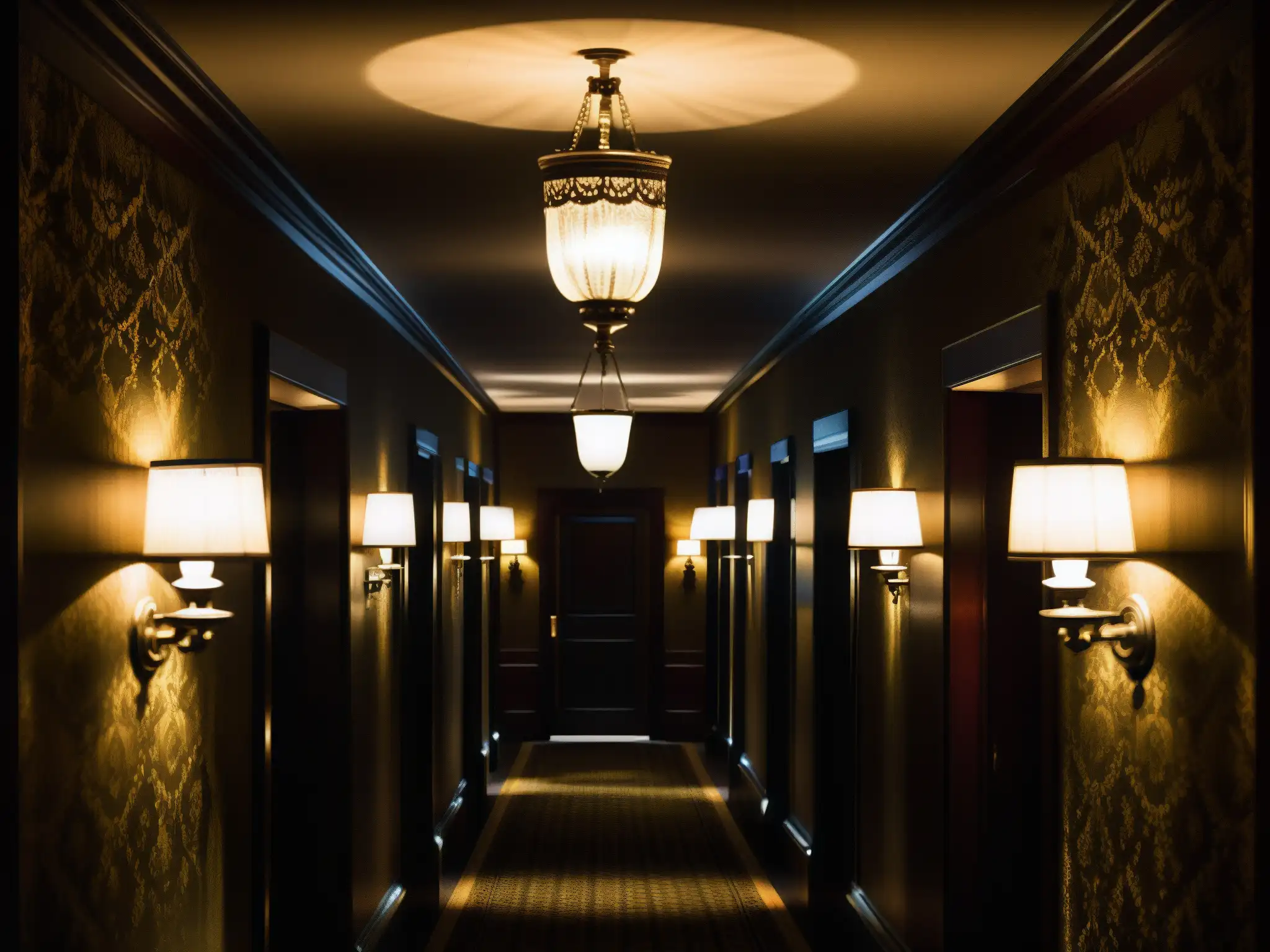 Misterioso pasillo del Hotel Fairmont Banff Springs: sombras y suspenso Un pasillo sombrío del histórico Hotel Fairmont Banff Springs, con una presencia escalofriante y detalles vintage en la arquitectura