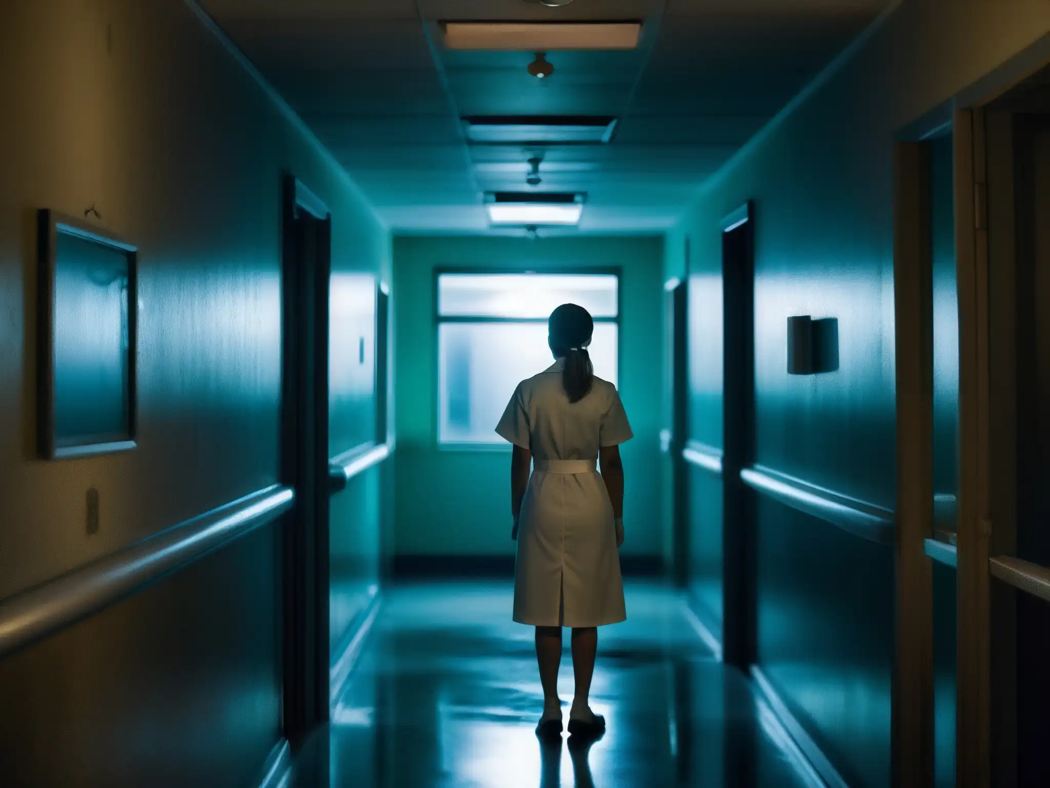 Enigmático pasillo de hospital con enfermera misteriosa Un pasillo sombrío de hospital con una enfermera de espaldas mirando por la ventana