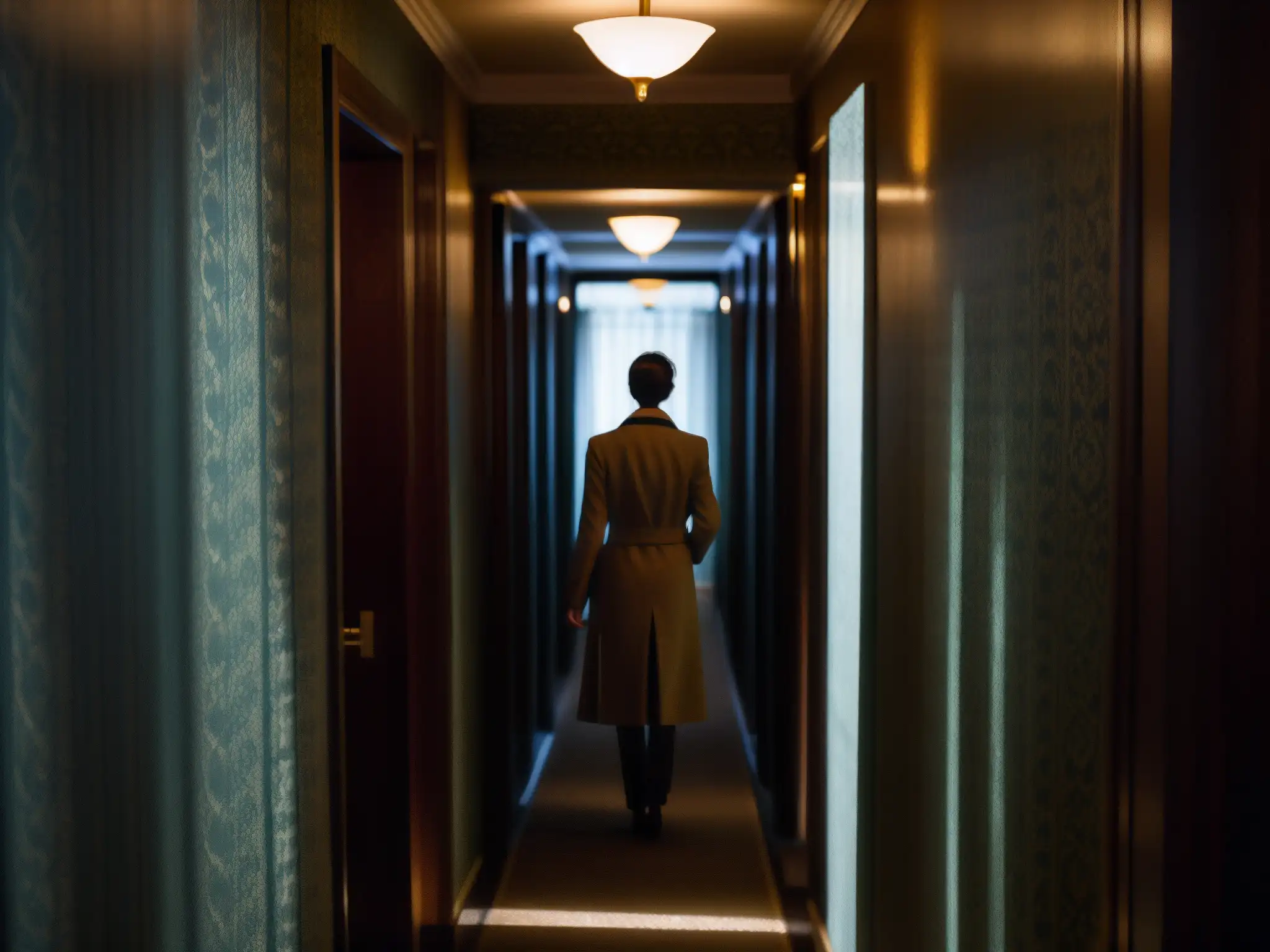 Corredor misterioso del Hotel Cecil: sombras inquietantes Un pasillo sombrío del Hotel Cecil con papel pintado desgastado y luces parpadeantes, creando sombras tenebrosas