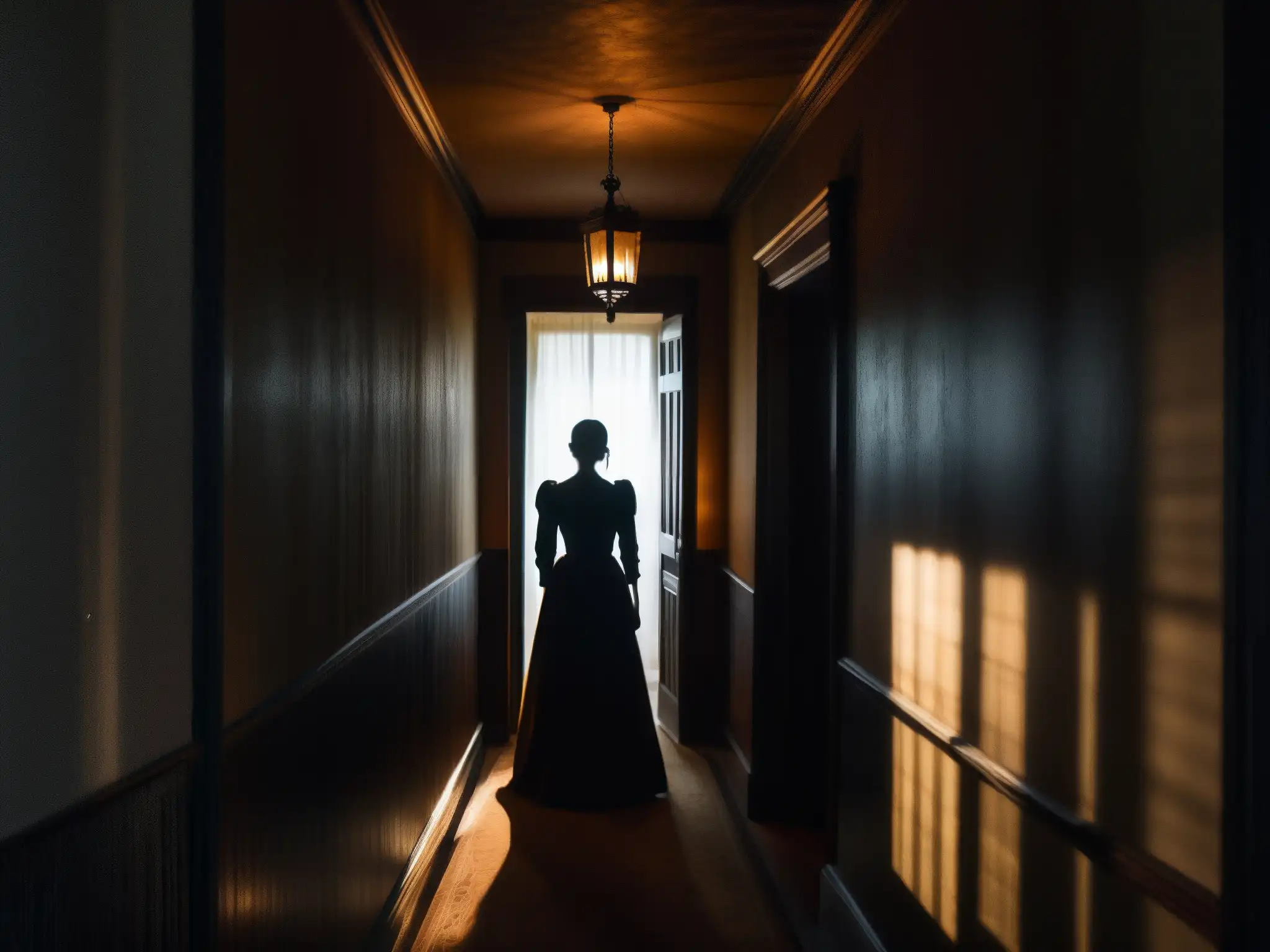 Misterio en la mansión: figura sombría en el pasillo Un pasillo sombrío en una mansión victoriana con una figura misteriosa parcialmente oculta