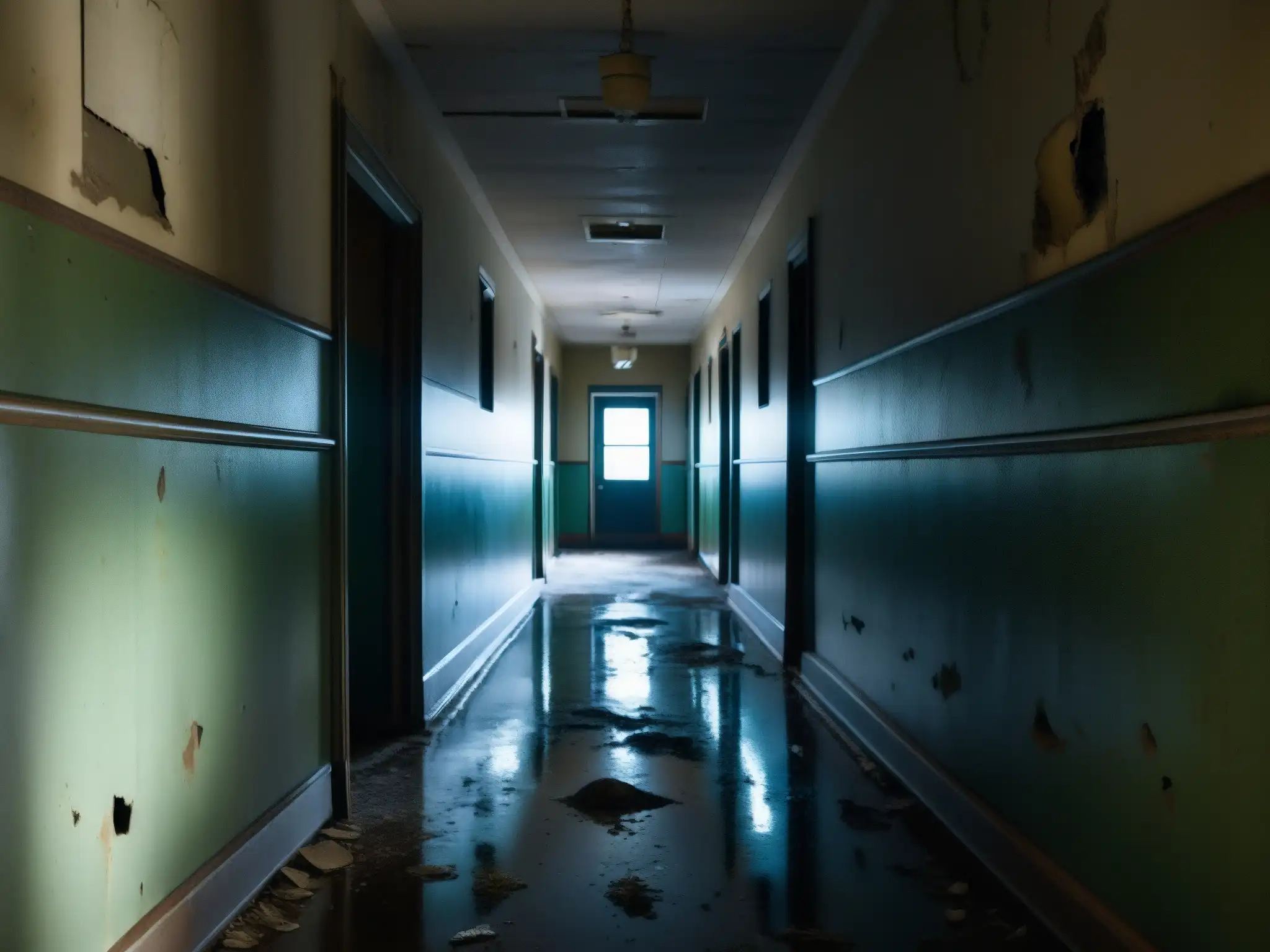 Un pasillo sombrío y misterioso de un hospital abandonado en Topeka, con pintura descascarada, ventanas rotas y sombras inquietantes