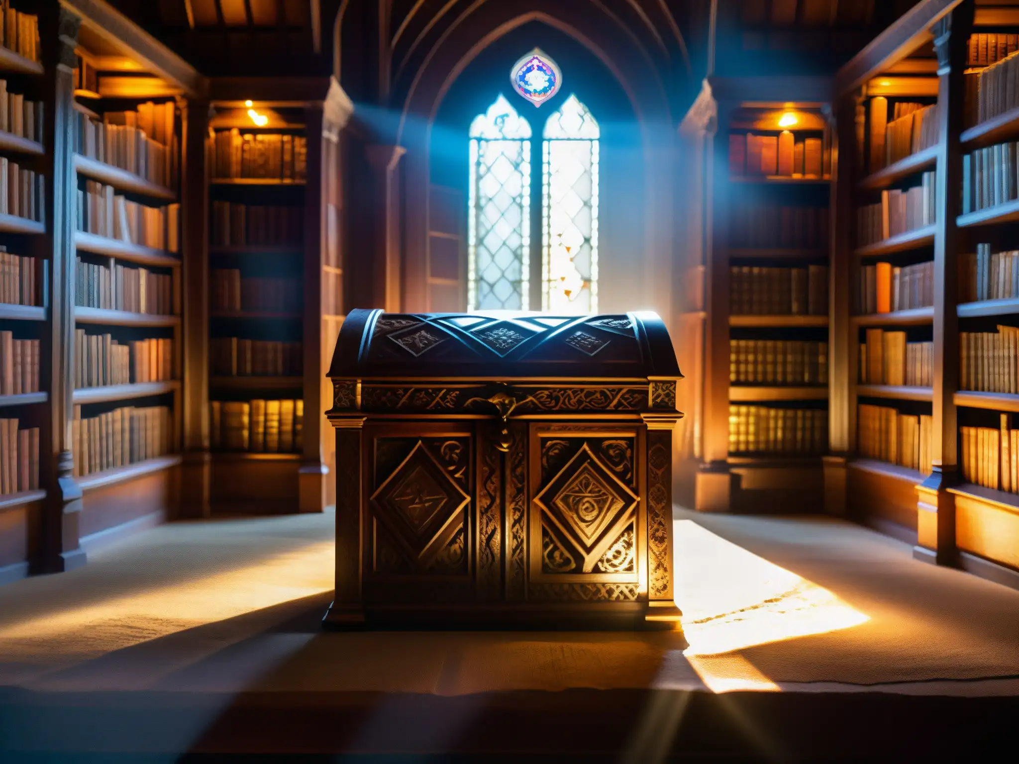 En la penumbra de una biblioteca medieval, un cofre de madera ornamental revela la Verdad sobre el Priorato de Sión