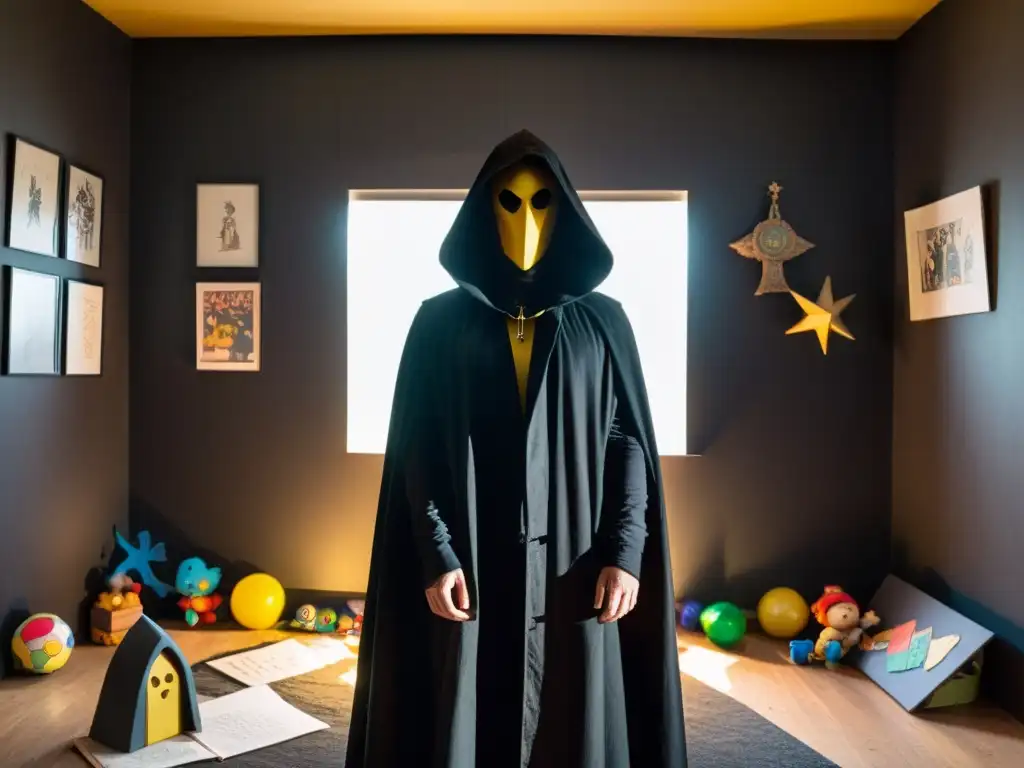 Figura misteriosa acecha en la penumbra, rodeada de juguetes infantiles En la penumbra, una figura esbelta con ojos amarillos se alza entre juguetes y dibujos infantiles