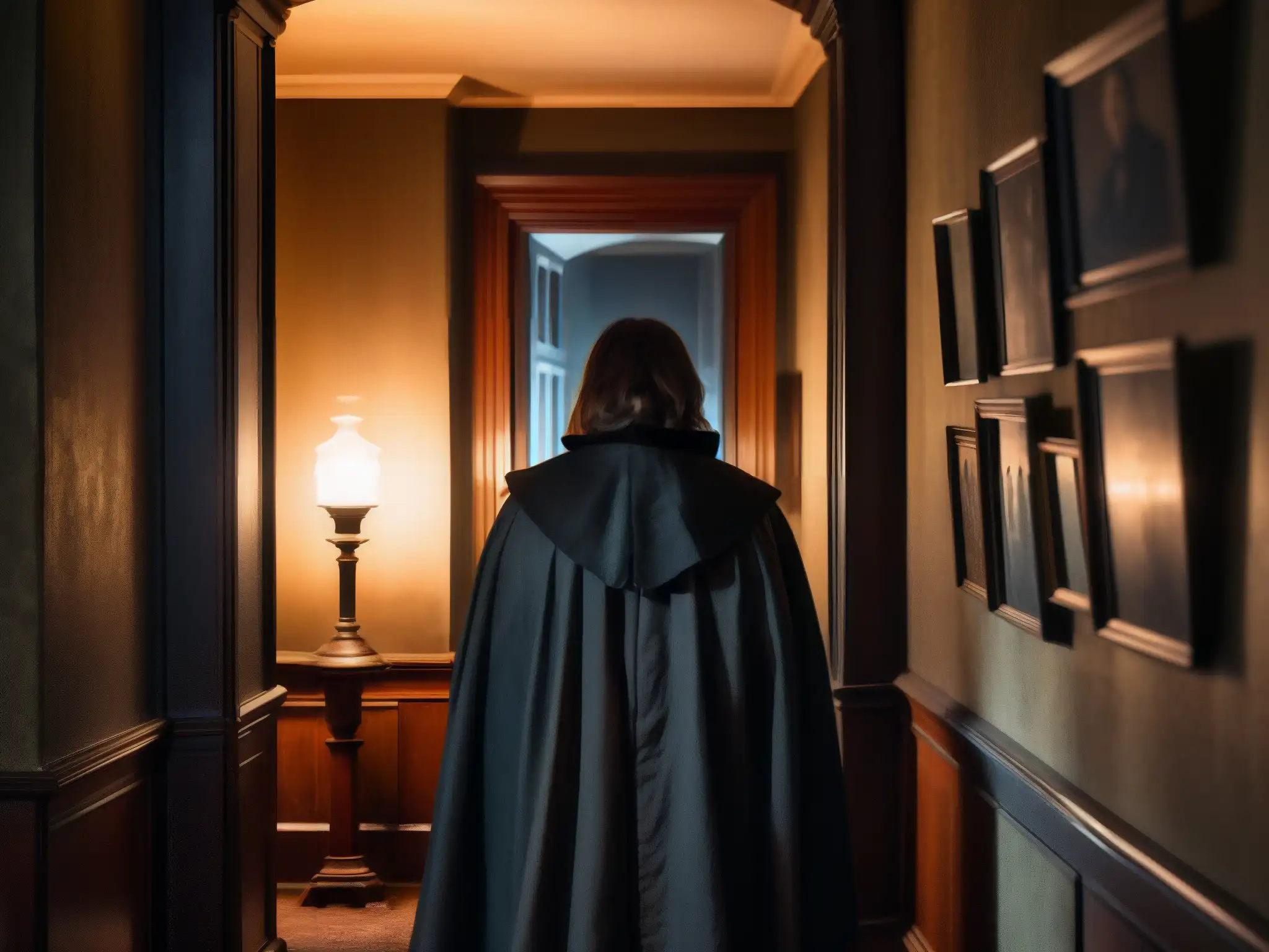 Misterio en el pasillo de la mansión victoriana En la penumbra de una mansión victoriana, una figura en un manto negro crea un aura de misterio