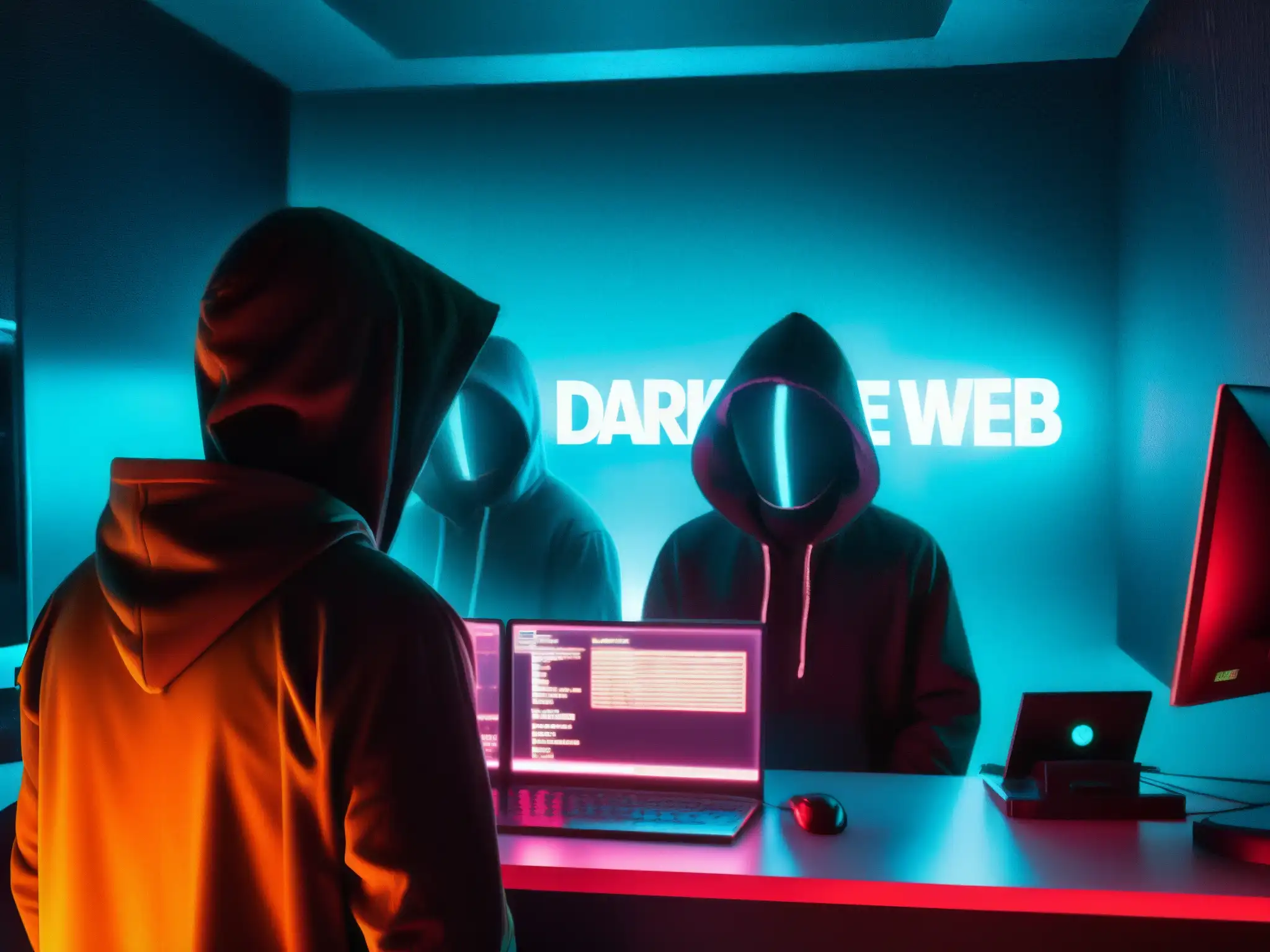 Mercado clandestino en la dark web: actividad ilícita bajo la sombra En la penumbra de un mercado de la dark web, figuras en la sombra intercambian información y bienes ilegales
