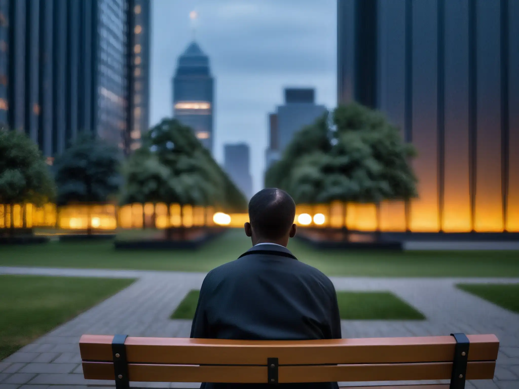 Una persona ansiosa en un parque urbano, rodeada de edificios altos